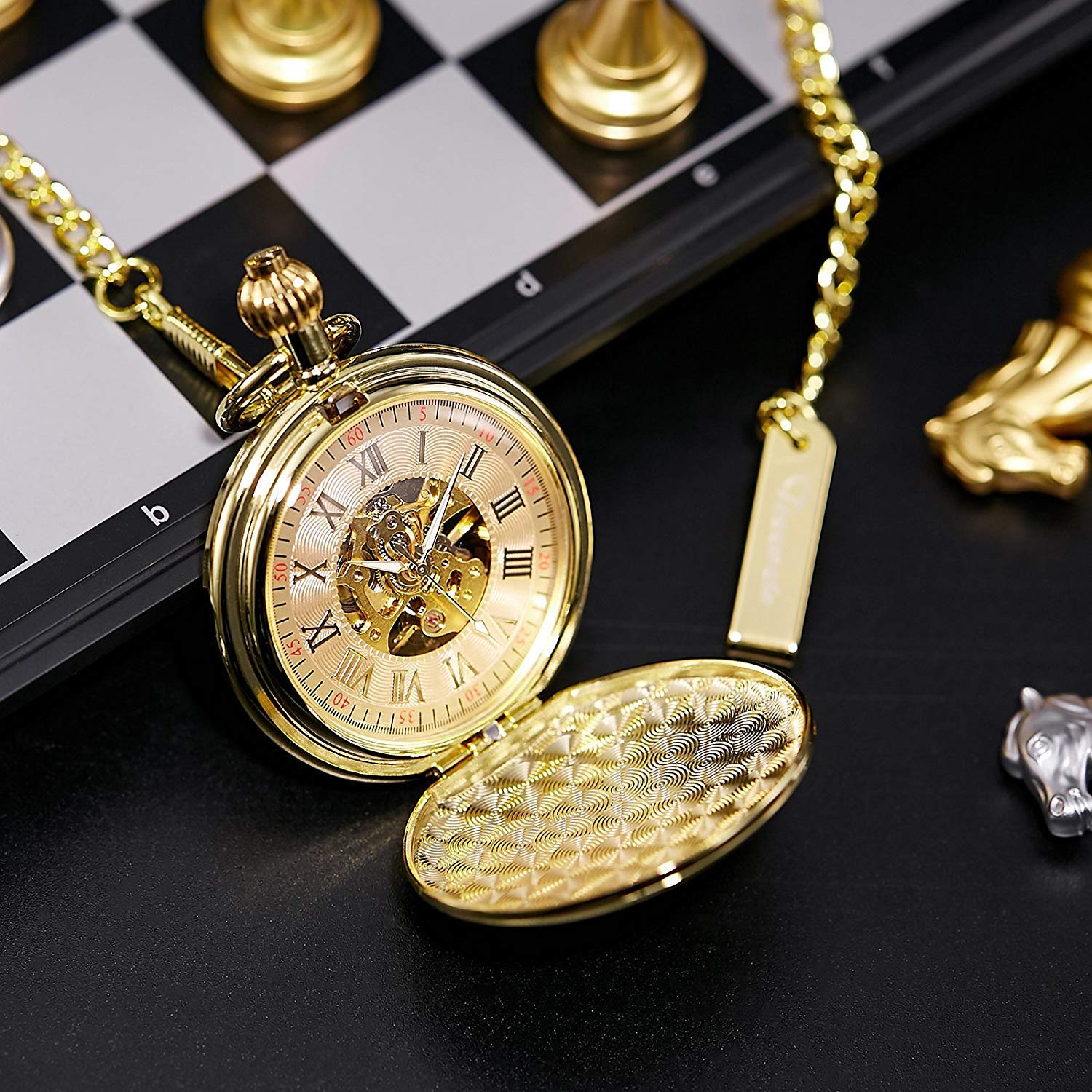 TREEWETO Montre de poche mécanique pour homme et femme - Doré/argenté - Avec chaîne