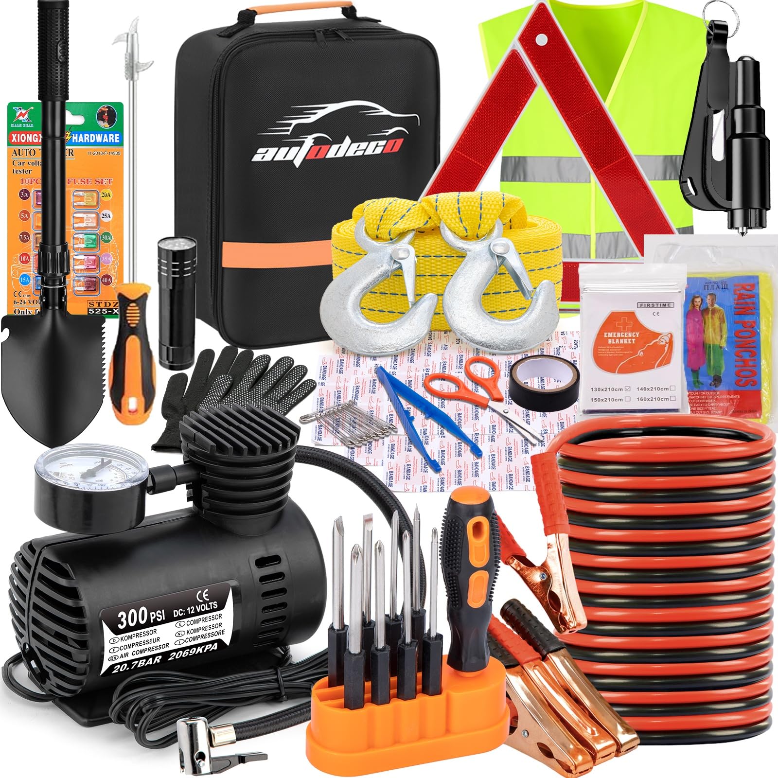 AUTODECO Car Emergency Roadside Assistance Kit with Jumper Cables Tire Inflator Automotive Kit for Car Vehicle
