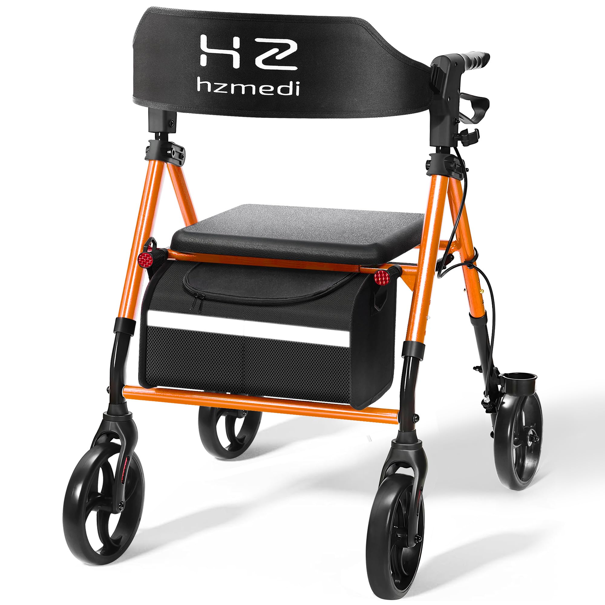 Walkers for Seniors with Seat, 8" Big Wheels Adult Lightweight Rollator with Backrest, Dual Adjustable Height Foldable Aluminium Medical Rolling Walker with Brakes| Deep Orange
