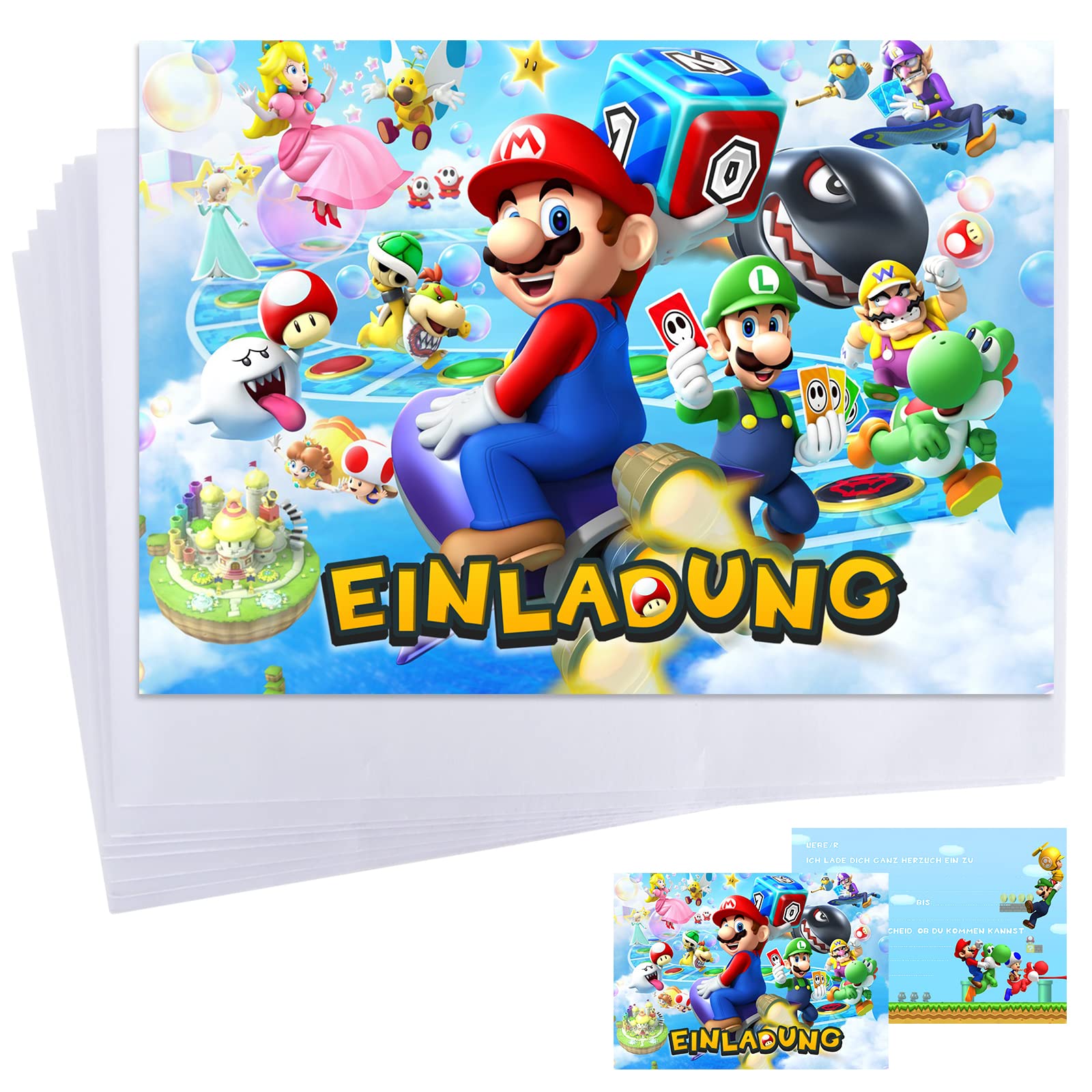 GUBOOM Super Mario Einladungskarten Kindergeburtstag 12er Set, Super Mario Einladungskarten Kindergeburtstag Junge Mädchen, Einladungskarten Geburtstag Deutsch für Super Mario Themed Party