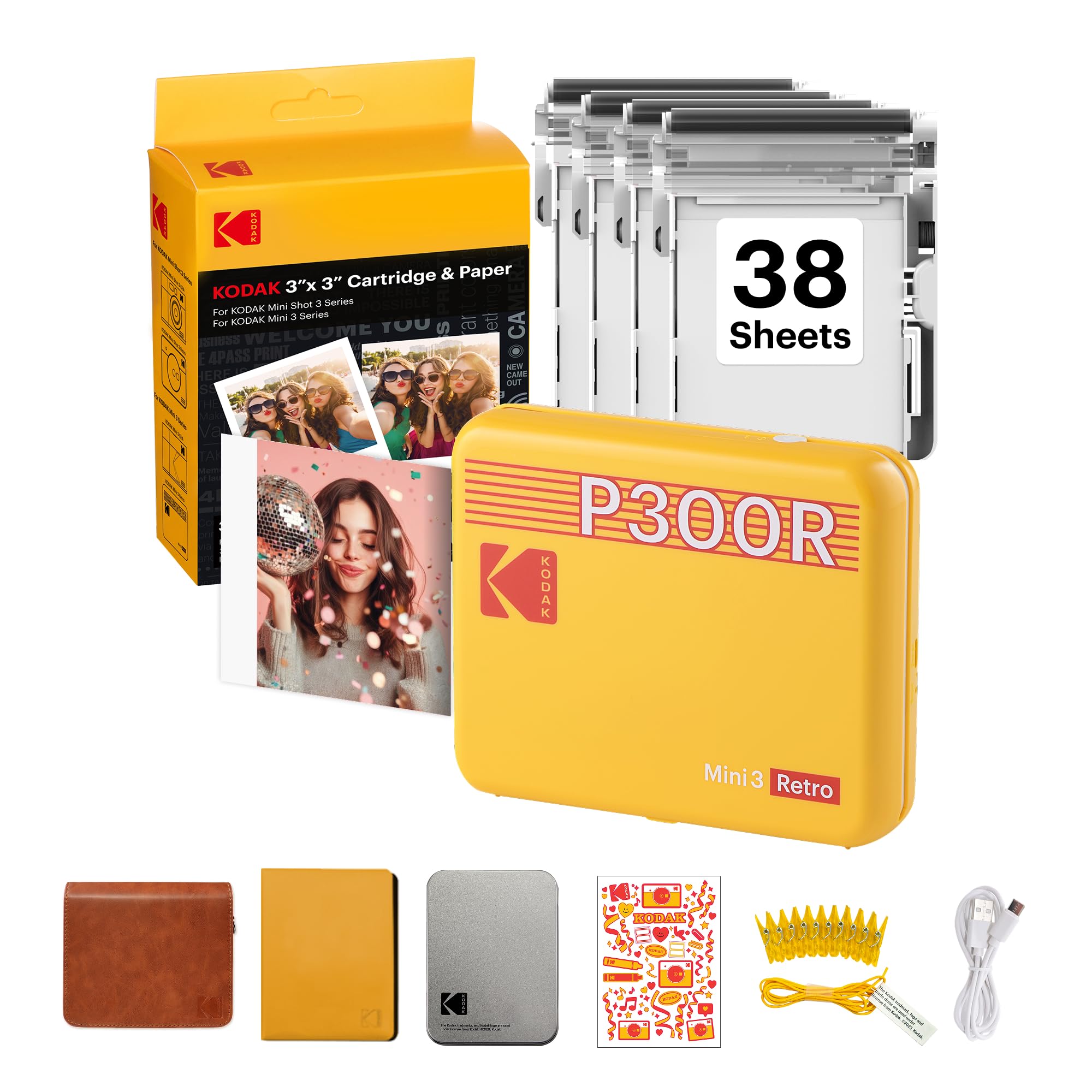 KODAK Mini 3 Retro 4PASS Portable Photo Printer (3x3 inches) + 68 Sheets Gift Bundle, Yellow-picture-27