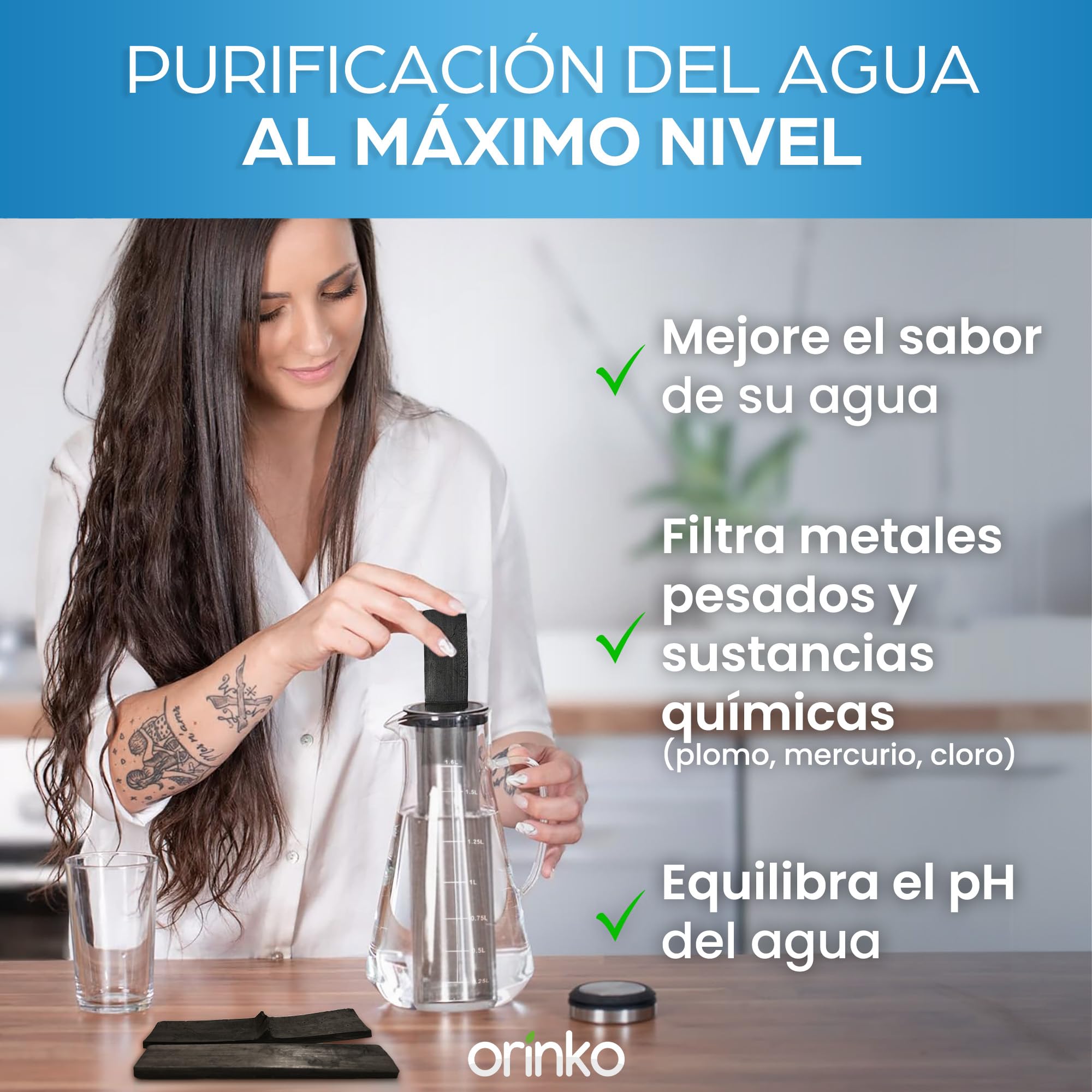 ORINKO Jarra filtrante de cristal 1,6 L + carbón Takesumi japonés x2 - carbón activado vegetal para purificación natural agua - filtración natural potente 2,5 L/palo - bambú japonés auténtico