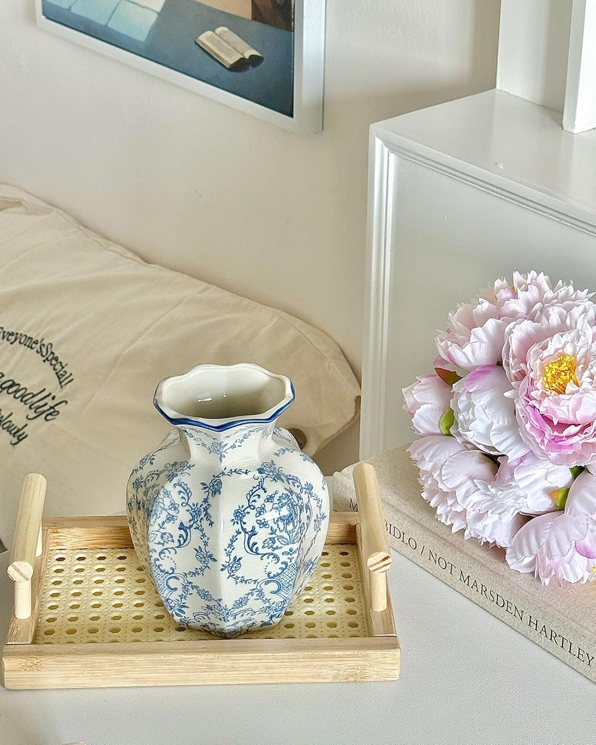 Vintage Blue Ceramic Vase, Small Blue and White Porcelain Decorative Flower Vase for Centerpiece Living Room Table Shelf, Chinoiserie French Country Decor - Image 8