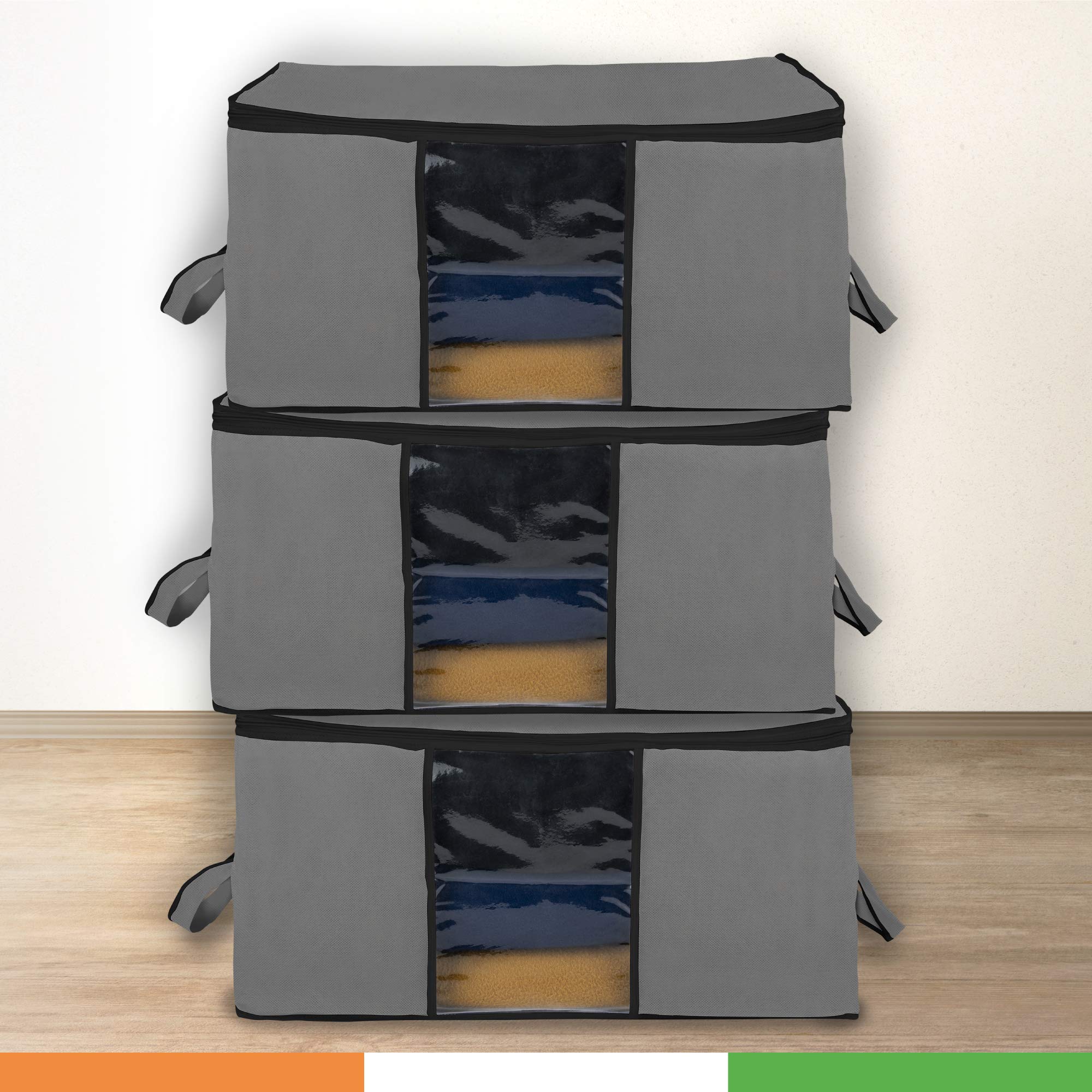 DurawareExtra-Large Wardrobe/Under Bed Storage Organiser with Duralight Fabric for Sarees, Shirts & More | Dust & Moisture Resistant | Pack of 3 (Grey)