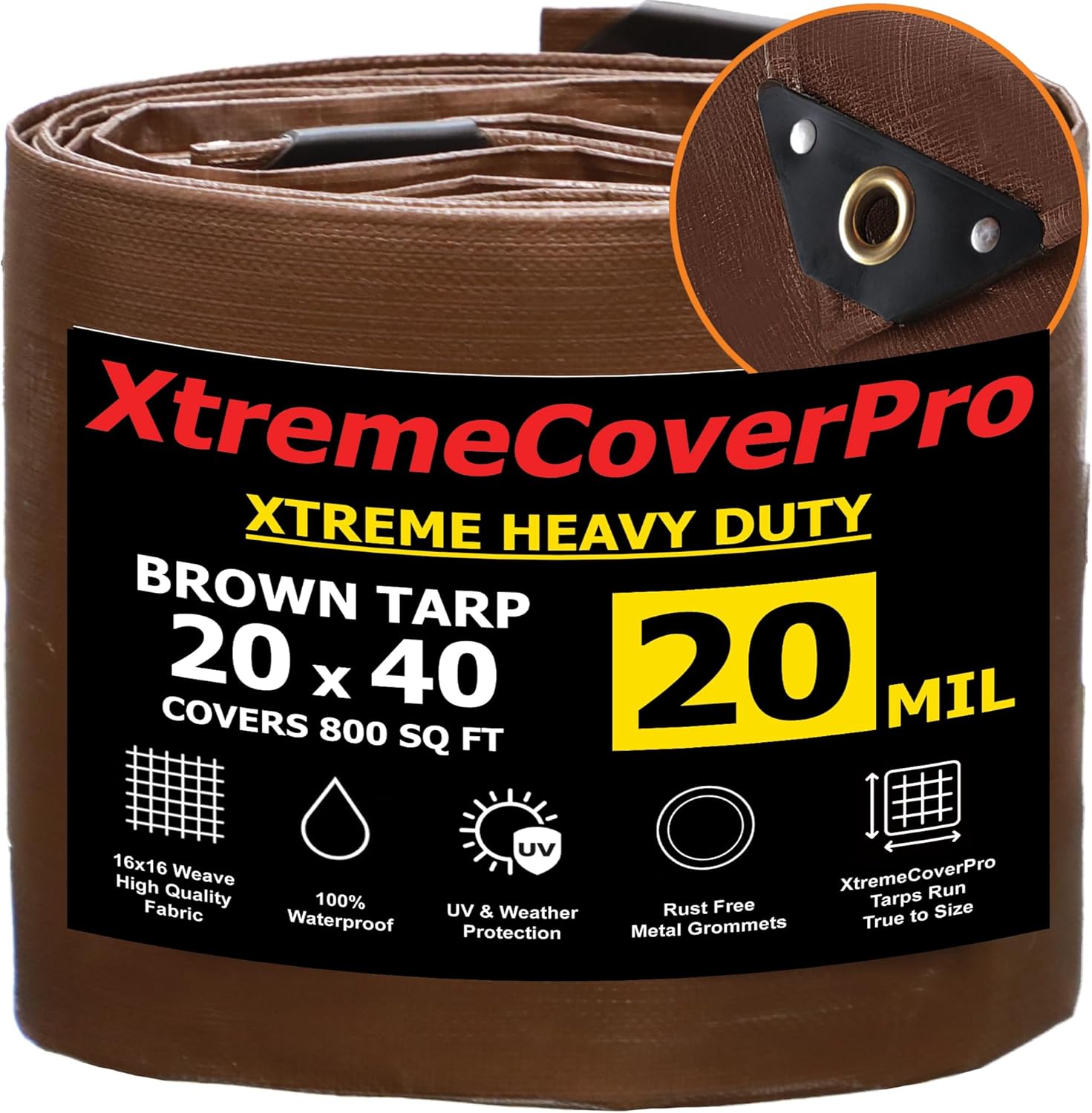 20' x 40' Brown Super Ultra Heavy-Duty Tarp – 20 Mil Waterproof & UV-Resistant 20x40 - Large Outdoor Tarp, Waterproof Cover for Rain Camping, Tent, UV Protection, Reinforced Corners 20'x40' 20Mil