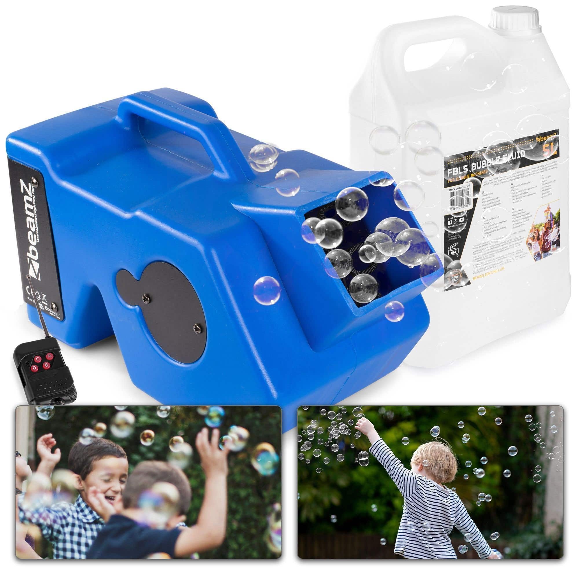 BeamZ B1000 Automatischer Seifenblasenmaschine mit Funk Fernbedienung und 5 Liter Seifenblasenflüssigkeit, Professional Seifenblasen Automat mit Ventilator, Leistungsstark 40W - Blau