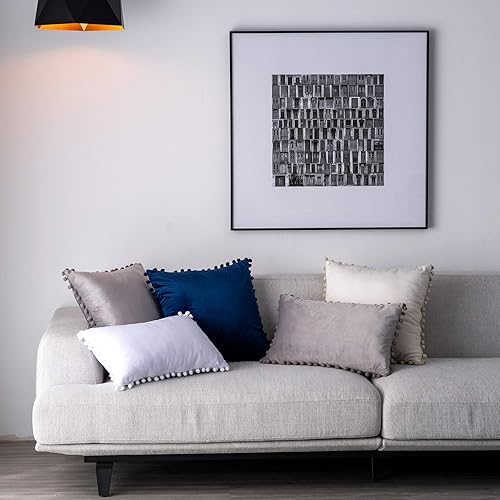 Miniatura 6 de Juego de 2 fundas para cojines decorativos de terciopelo sólido suave con borde de pompones