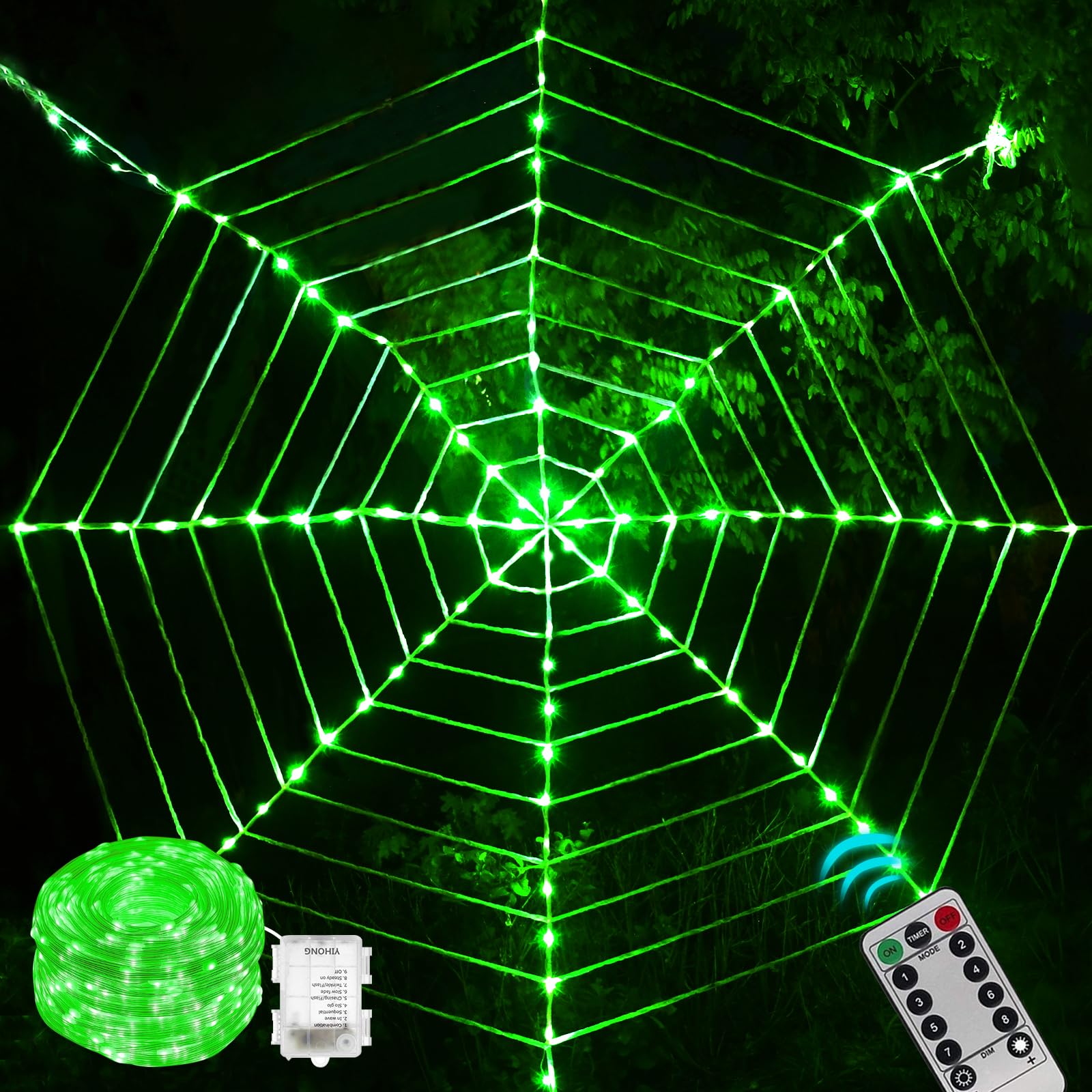 Maxee 114 LED Halloween Spider Web Lights Decor, 3.6 m Giant Round Net Lights with Remote Control (8 Modes & Timer), Net Light Decoration for Window Garden Indoor Outdoor - Green,B