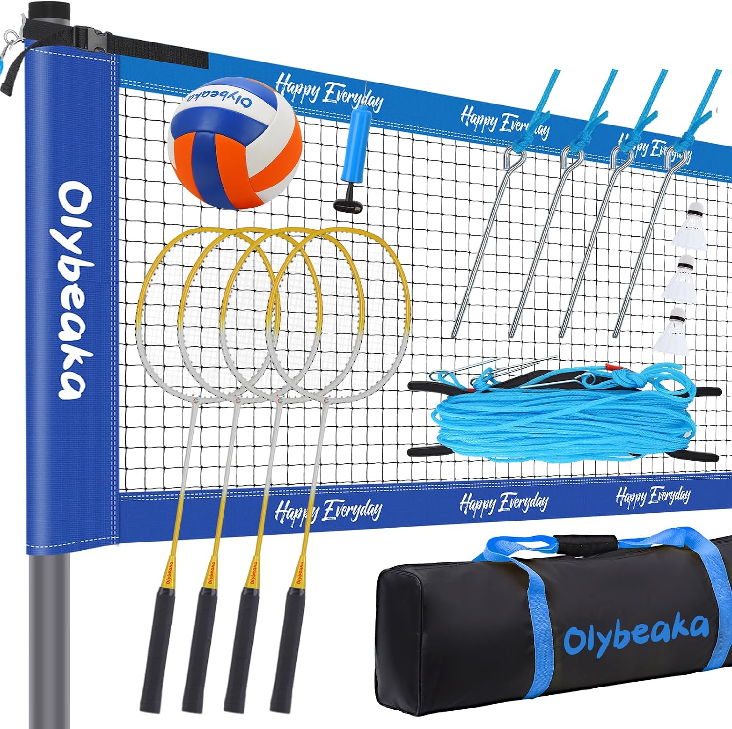 badminton & volleyball combo set 32 ft with net, anti-sagging design, 4 badminton rackets, 3 birdies and pu volleyball for backyard lawn beach blue