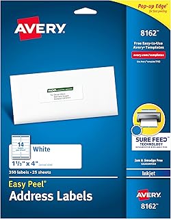 Avery Address Labels with Sure Feed for Inkjet Printers, 1-1/3" x 4", 350 Labels, Permanent Adhesive (8162), White