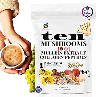 Mushroom Coffee with Grass-Fed Collagen, Mullein,Lion's Mane, Reishi and 10 Adaptogenic Mushrooms; Super Instant Cold Brew Protein Iced Coffee Blend; 0g of Sugar, Low Caffeine, 30 Servings