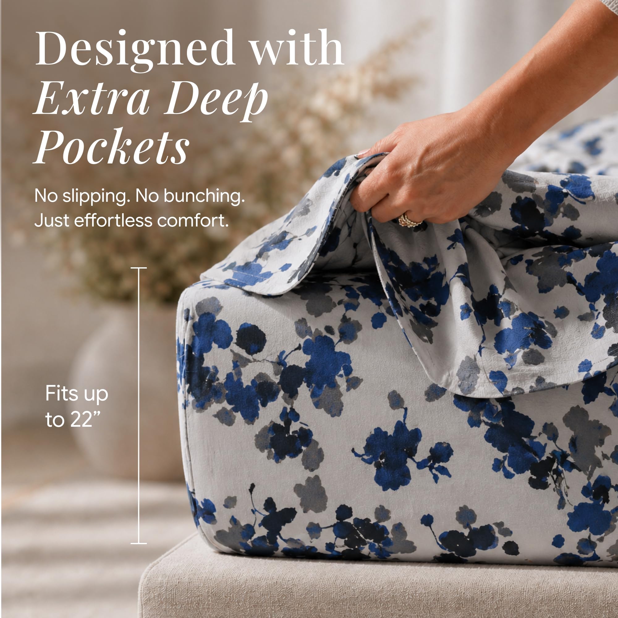 Tribeca Living Juego de sábanas Queen, satén de algodón Suave de 300 Hilos, Estampado Floral, Profundidad Extra, Juego de Ropa de Cama de 4 Unidades, Azul Lisboa/Multicolor
