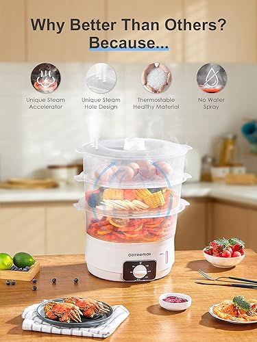 Miniatura 10 de Vaporizador eléctrico de alimentos de 13.7 cuartos de galón para cocinar, vaporizador de verduras con 3 niveles sin BPA, cocción simultánea rápida