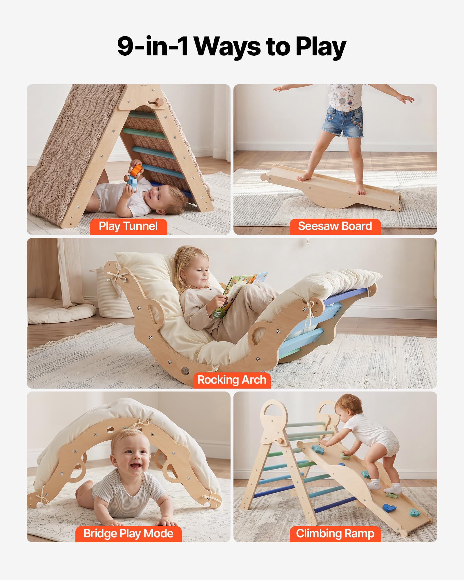 VEVOR Kletterdreieck 9-in-1 Kletterspielzeug mit Holzautos, Kissen, Rutsche & Kletterbogen, bis 68 kg, Montessori Indoor Spielset für Kinder 1-3 Jahre, Blau