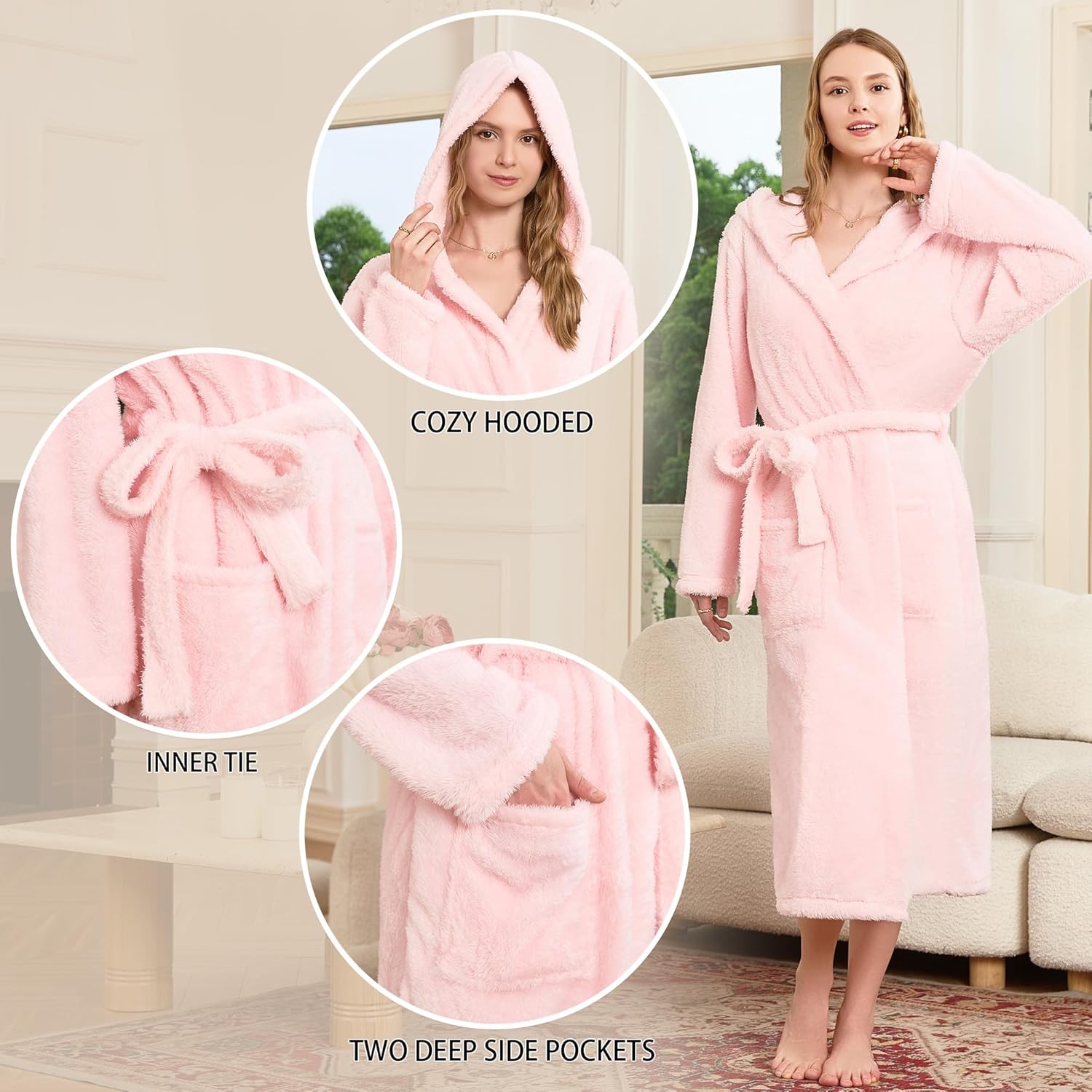 Plush Lightweight Hooded Robes For Women, Soft Warm Long Fleece Bathrobe for Women Lounge Spa Robe - Image 2