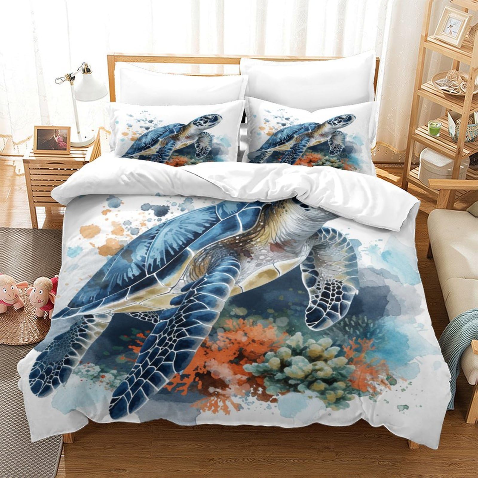 P1s9u7w5y Sea Turtle-1 3D Printed Ocean Turtle 3Pcs Microfiber Duvet Cover Set Sea Coral Bedding Set King（220X240cm）