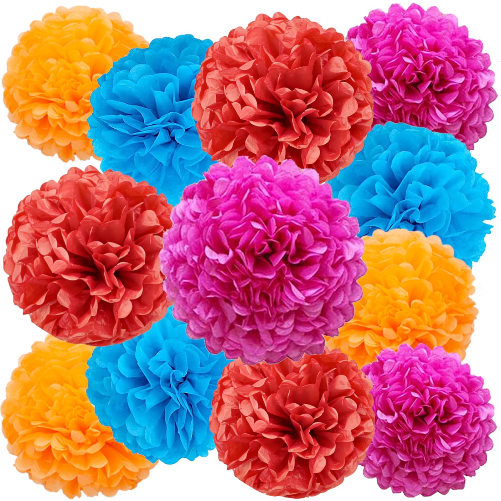 Rose Red Orange Blue Red Paper Pom Poms for Mexican Birthday Cinco De Mayo Party Decoration - Ceiling Wall Hanging Tissue Flowers for Mexican Theme Fiesta Cinco De Mayo
