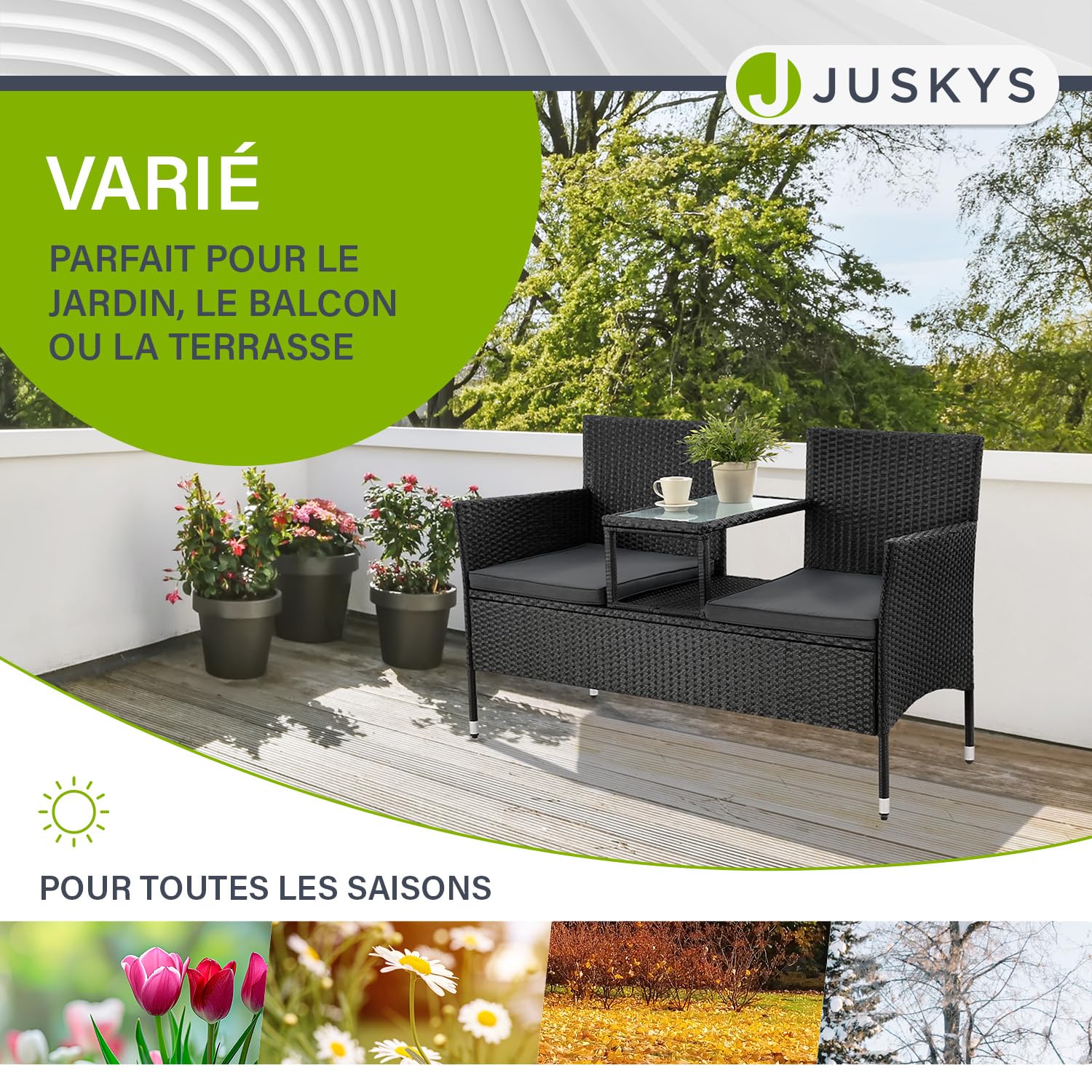 Juskys Banquette de Jardin en polyrotin Monaco - Banc 2 Places avec Table & Coussins - 133 × 63 × 84 cm - rotin résistant aux intempéries, pour Jardins et balcons - Noir