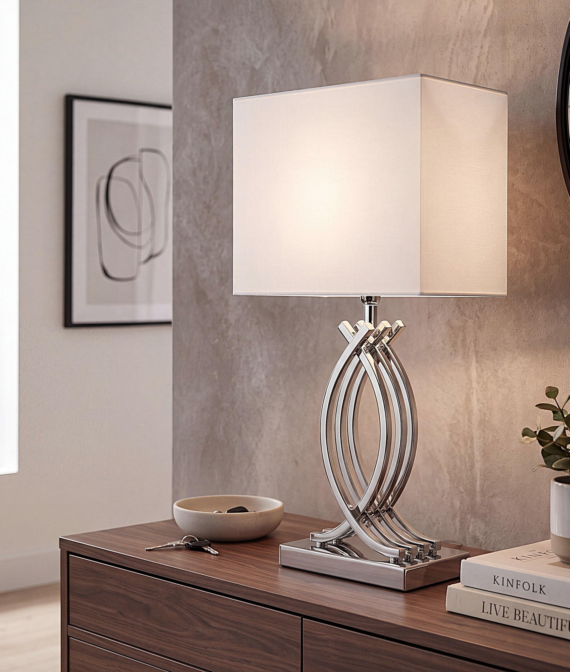Arnusa Design Tischlampe Chrom Silber Nachttischlampe 50 x 22 cm mit weißen eckigen Schirm Tischleuchte silberfarben E27