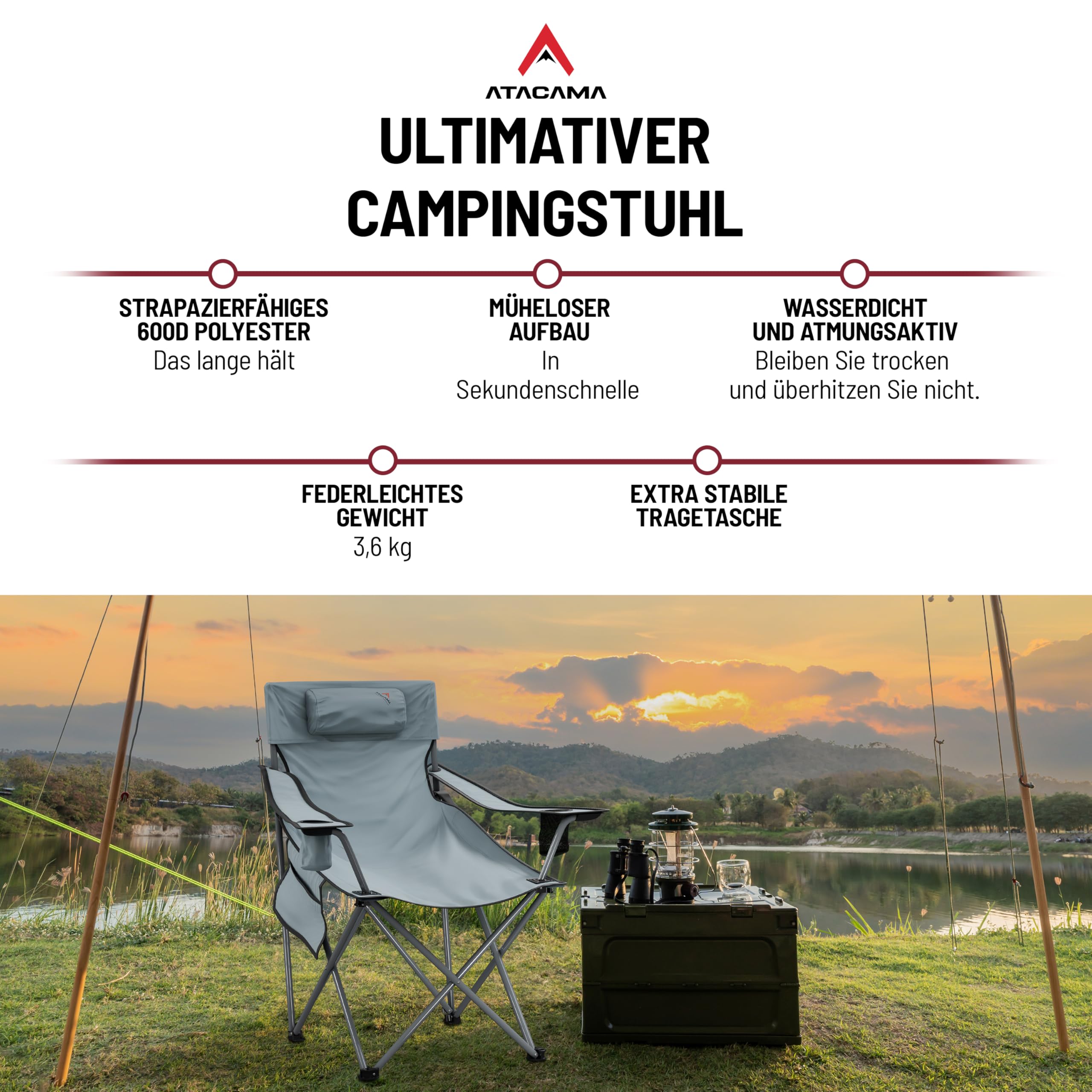 Atacama Campingstuhl Faltbar Robust, Faltbar & Bequem für Outdoor, Angeln und Camping - Campingzubehör - Leichte Campingstühle