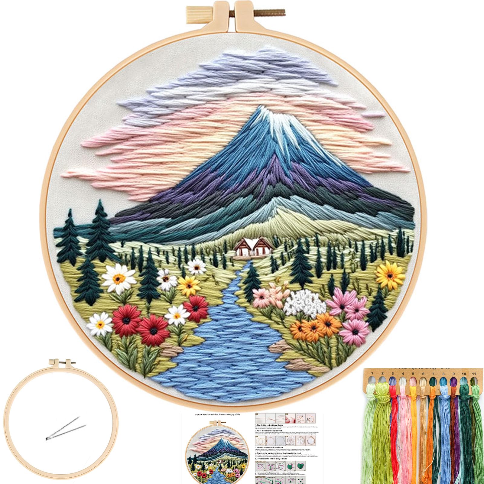 FONNUY Embroidery Kit for Beginners, Flower Hill Nature Landscape Pre-Stamped Pattern Kits for Adults with Hoop, Easy to Follow Color Thread Needlework, 8'' Hoop (Purple Blue)
