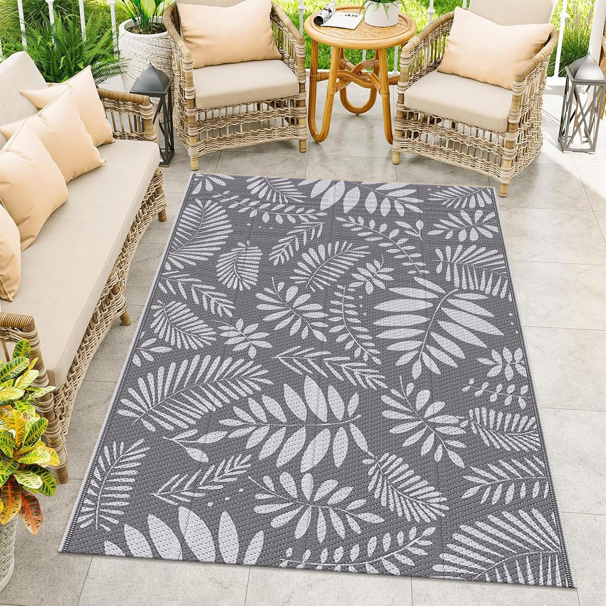 Hiseng Tapis d'extérieur Imperméable Terrasse Balcon, Tapis de Sol Réversible en Plastique Résistant aux UV Pliable pour Jardin, Camping, Pique-Nique, Motif Herbes Sauvages (Grise,183x274cm)