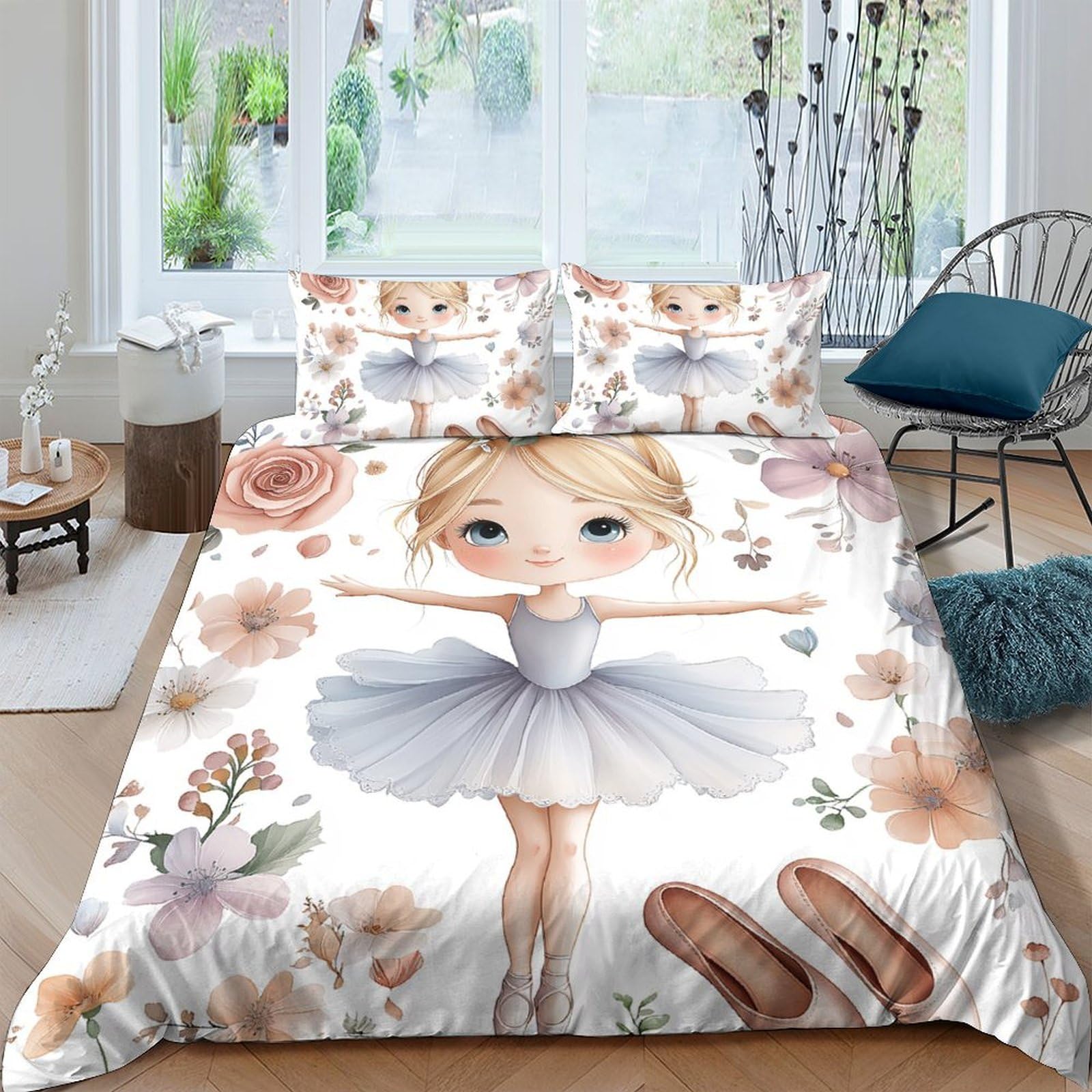 TUFRTGYHN 3D Printed Ballet Girl Duvet Cover Microfiber Soft Breathable Floral Bedding Set with 2 Pillowcases for Bedroom Decor Single（135x200cm）