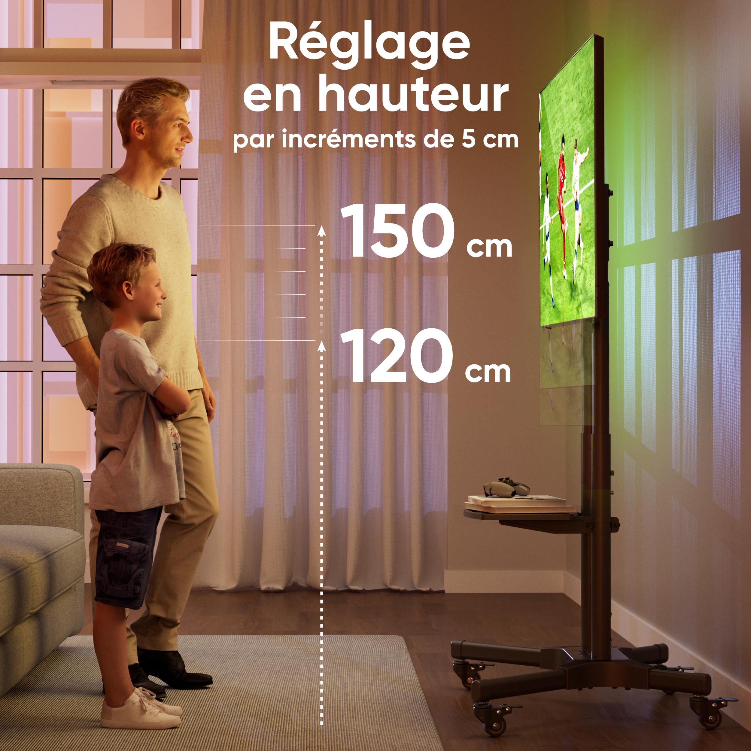 ONKRON Support TV roulettes pour 32-65 Pouces Charge Max 50 kg, Support TV sur Pied avec roulettes VESA 100x100-600x400, Chariot Television Hauteur Réglable, Chariot Télé Roulant Noir TS1351-B