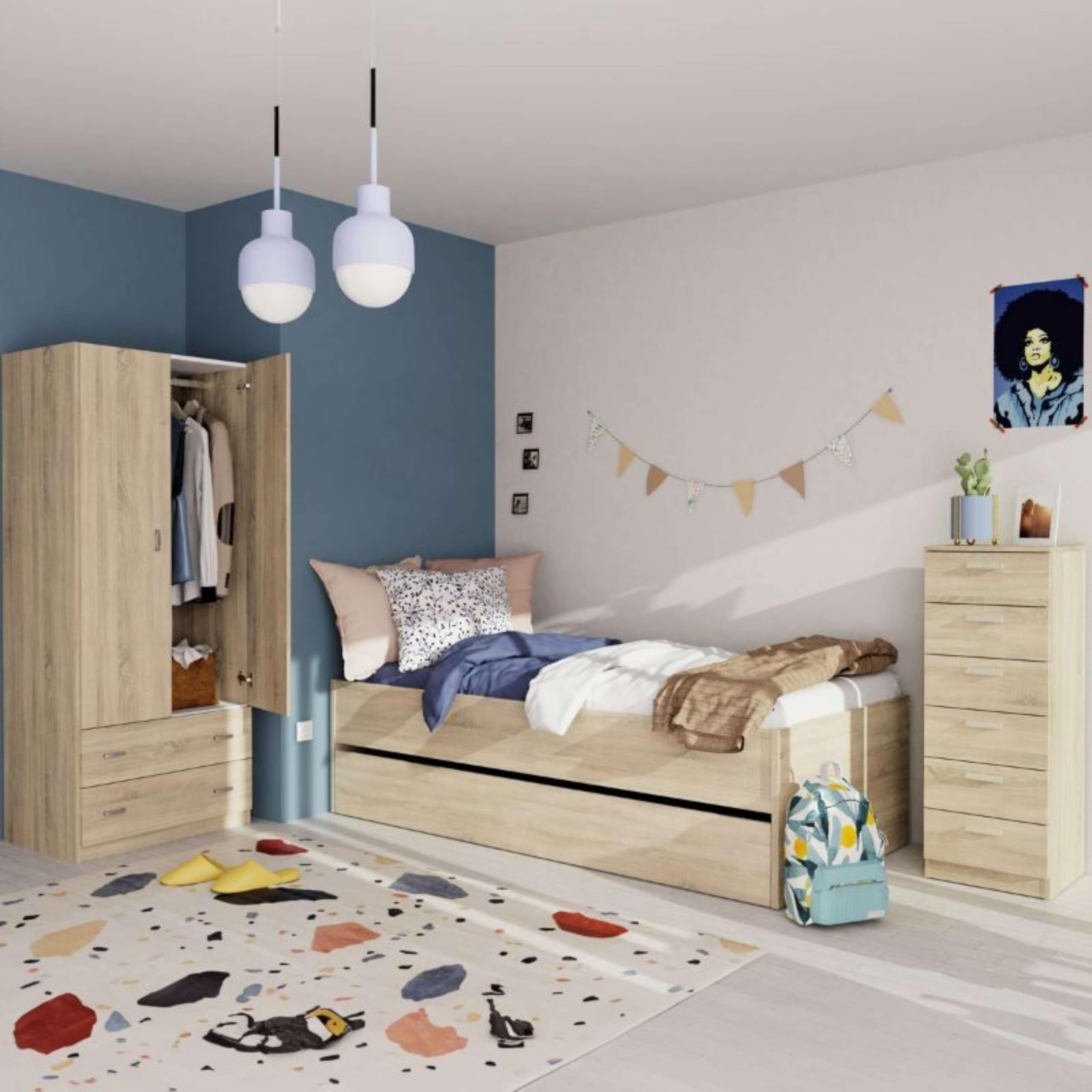 Miroytengo Pack Muebles Dormitorio Juvenil Tibet Estilo Natural en Color Roble Cambrian (Cama 105x190 cm + Armario + Cómoda)