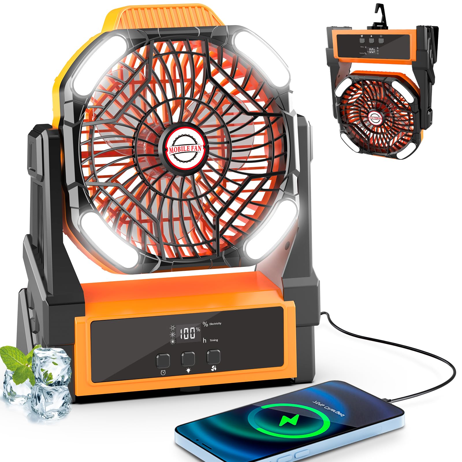 Sendowtek Ventilateur Batterie pour Camping 20000mAh, Puissant Silencieux avec Lumière LED et Crochet 4 Vitesses Réglables, Ventilateur USB sans fil portable rechargeable pour Tente Extérieur Bureau