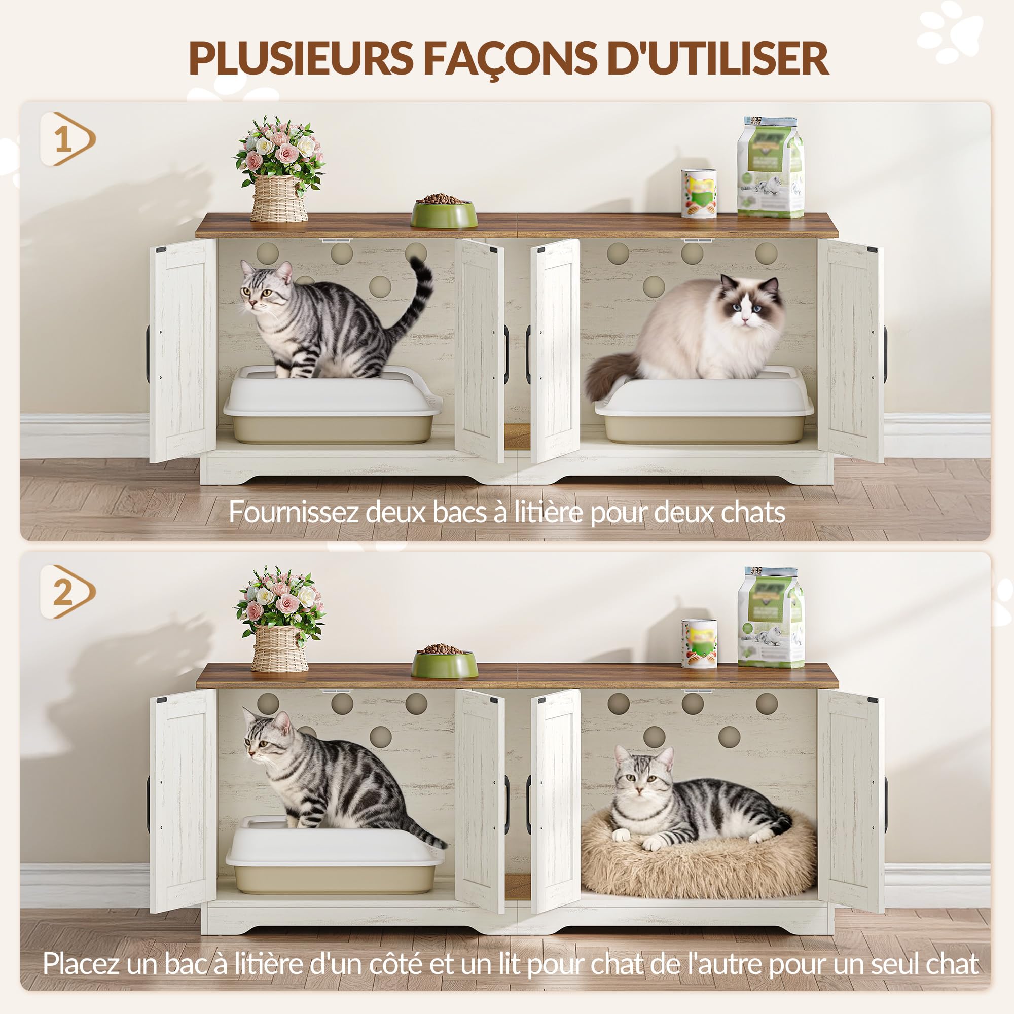 Meuble Litiere pour 2 Chats, 140 x 50 x 55 cm, Marron et Blanc | Meuble Cache Litiere Chat, Maison de Toilette Chats en Bois avec Tapis à Griffer, Maison pour Chat D'intérieur FPCB103PWR1