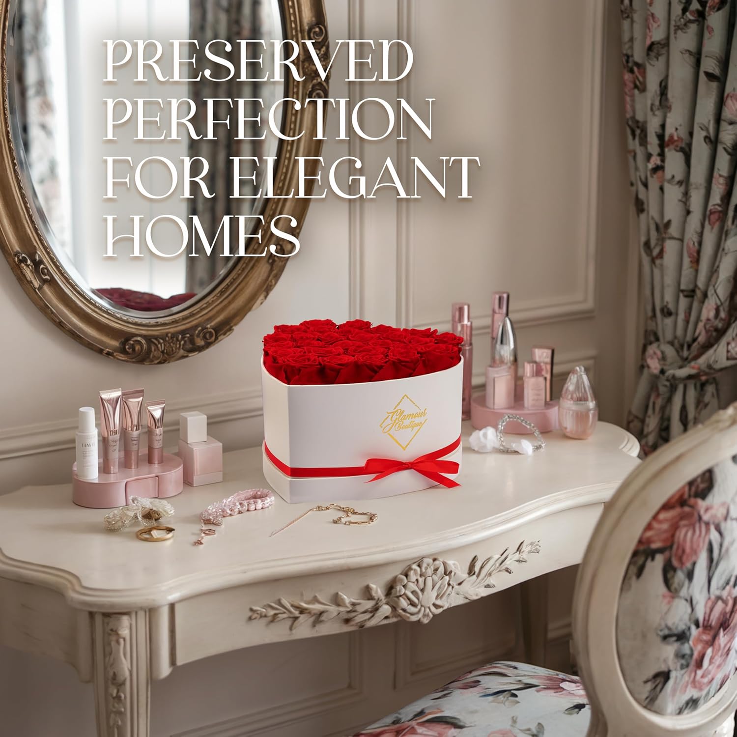 GLAMOUR BOUTIQUE Preserved Roses in a Box - Gifts for Her, Wife & Mom, Rose Flowers Forever Decor for Birthday Gift, Get Well Flower Bouquet Cased in White Box with Cover - Red - 27 (Color-Treated) - Image 6