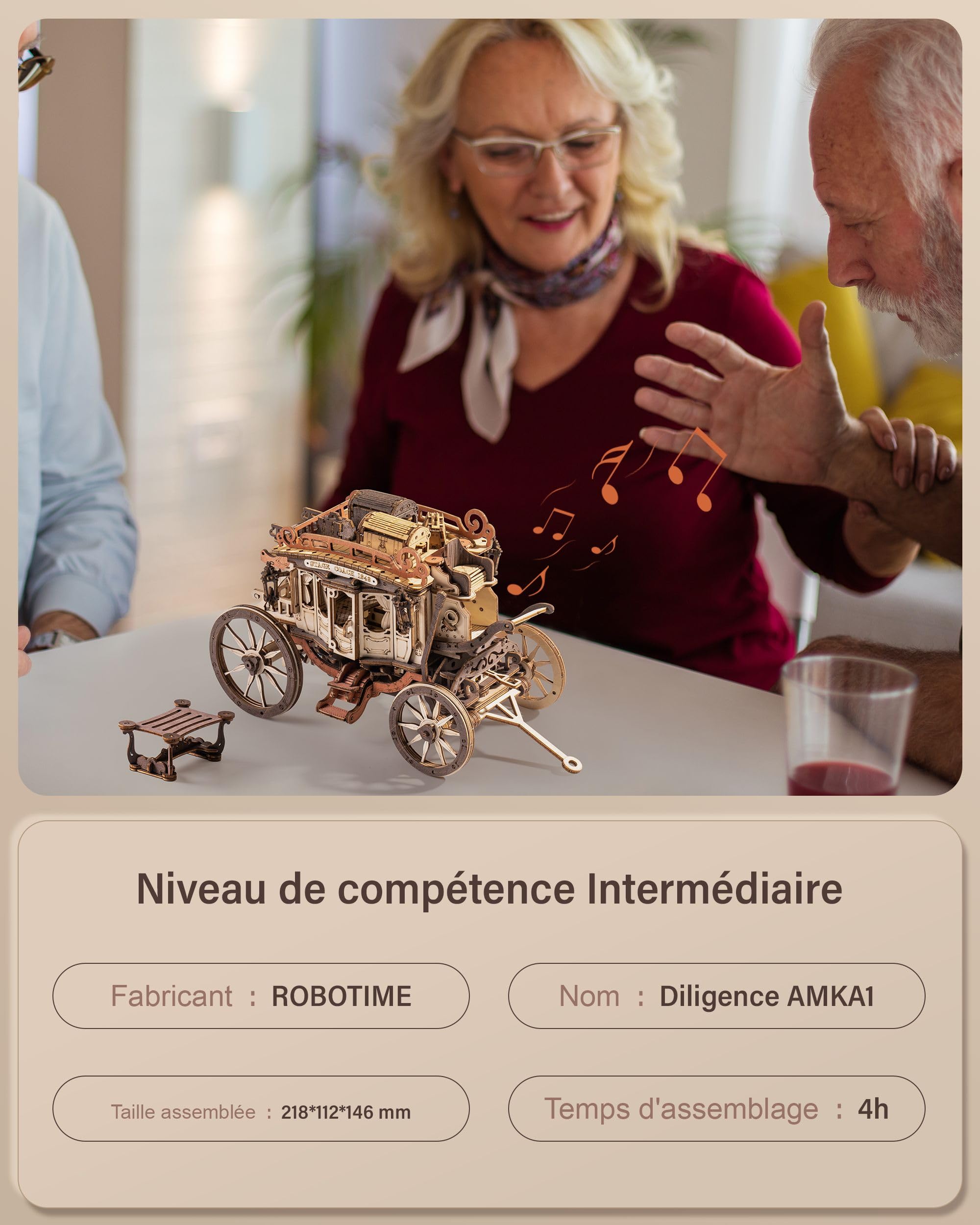 ROBOTIME Puzzle 3D en Bois, Boîte à Musique, Maquette Adulte a Construire, Modelisme Kit Construction Mécanique, Cadeaux pour Adolescents, Découpe au Laser - Diligence