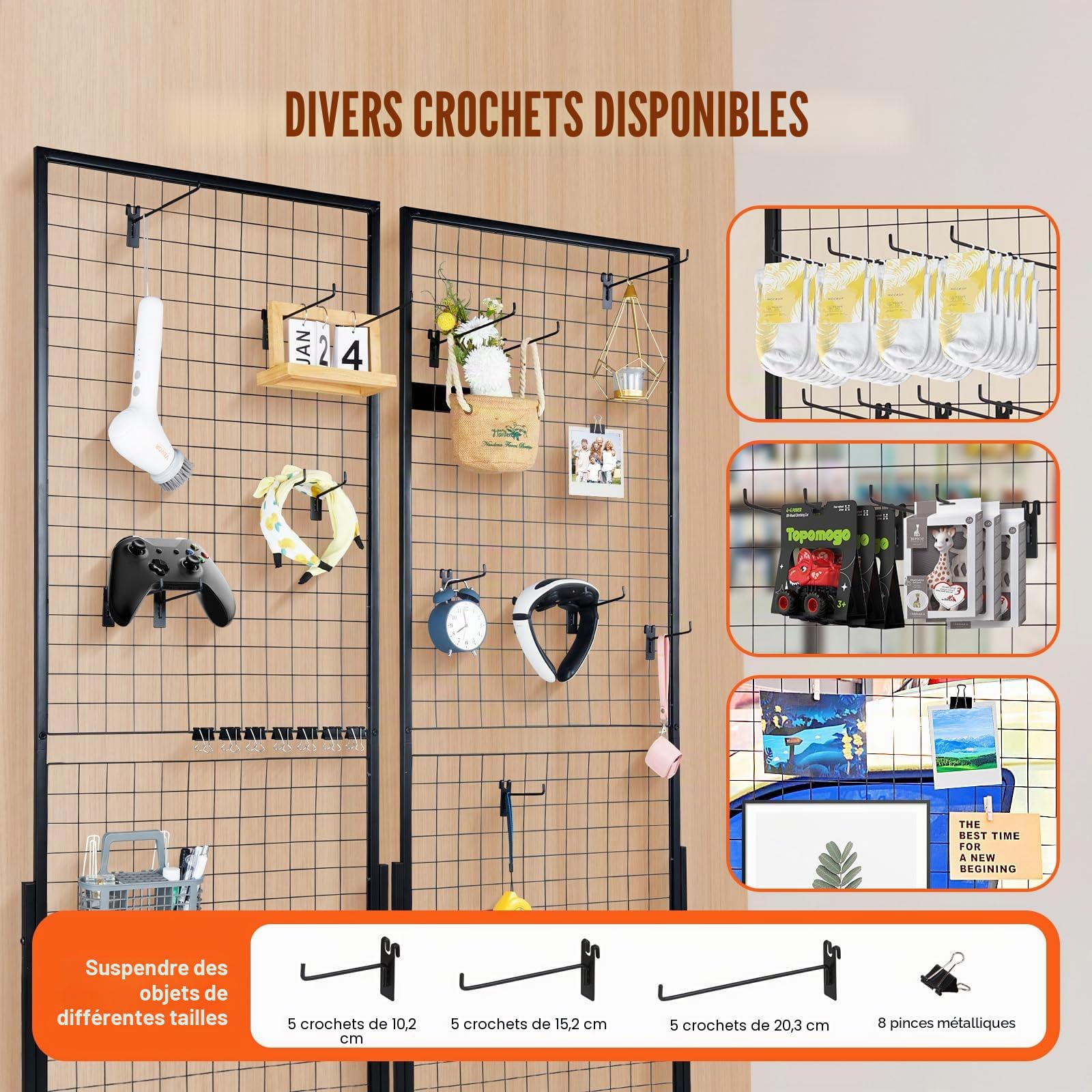 VEVOR Grille d’Exposition sur Pied 2 PCs Panneau Grille en Acier 617x1716 mm Charge 27 kg Présentoir Grillage sur Pied Accessoires Complets Installation Facile pour Affichage Présentation Photo Mémo