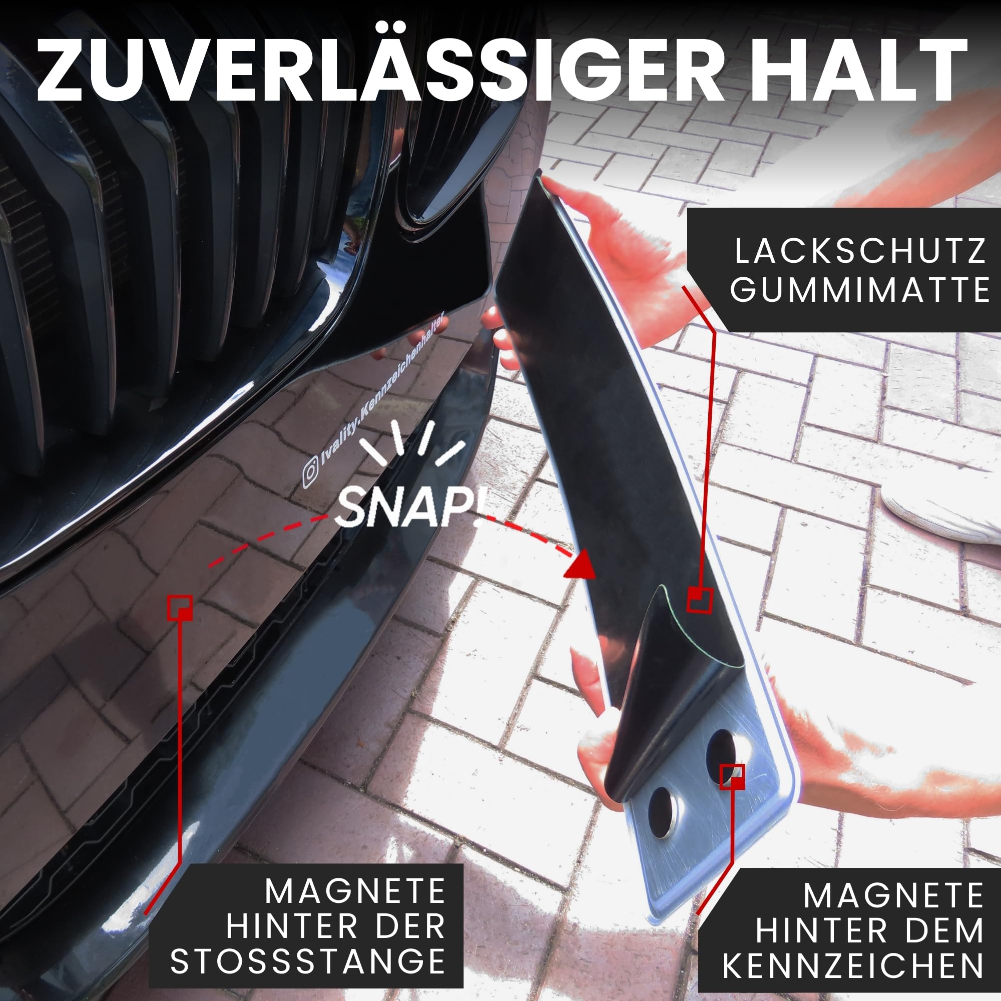 Ivality Magnet Kennzeichenhalter hinter der Stoßstange für Autos mit Neodym-Magneten & 3M VHB Klebeband, Rahmenlose Kennzeichenhalter Unsichtbare Montage für 1 Kennzeichen, StVZO getestet bis 350 km/h