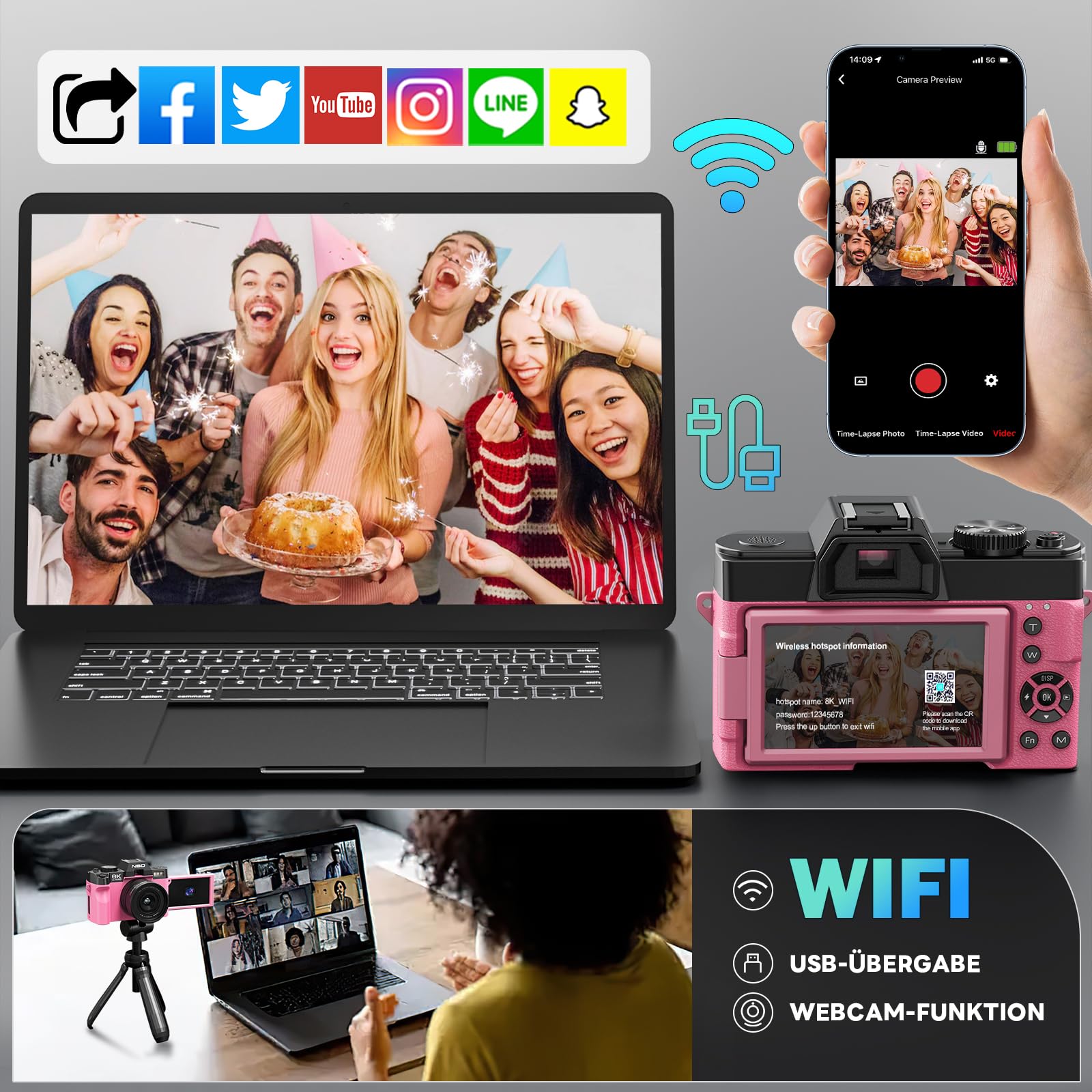 NBD 8K Digitalkamera 64MP Autofokus 16X Zoom 3" 180° Klappdisplay WiFi Weitwinkel Makro Linse 2 Akkus 64GB Karte Mikrofon Rosa
