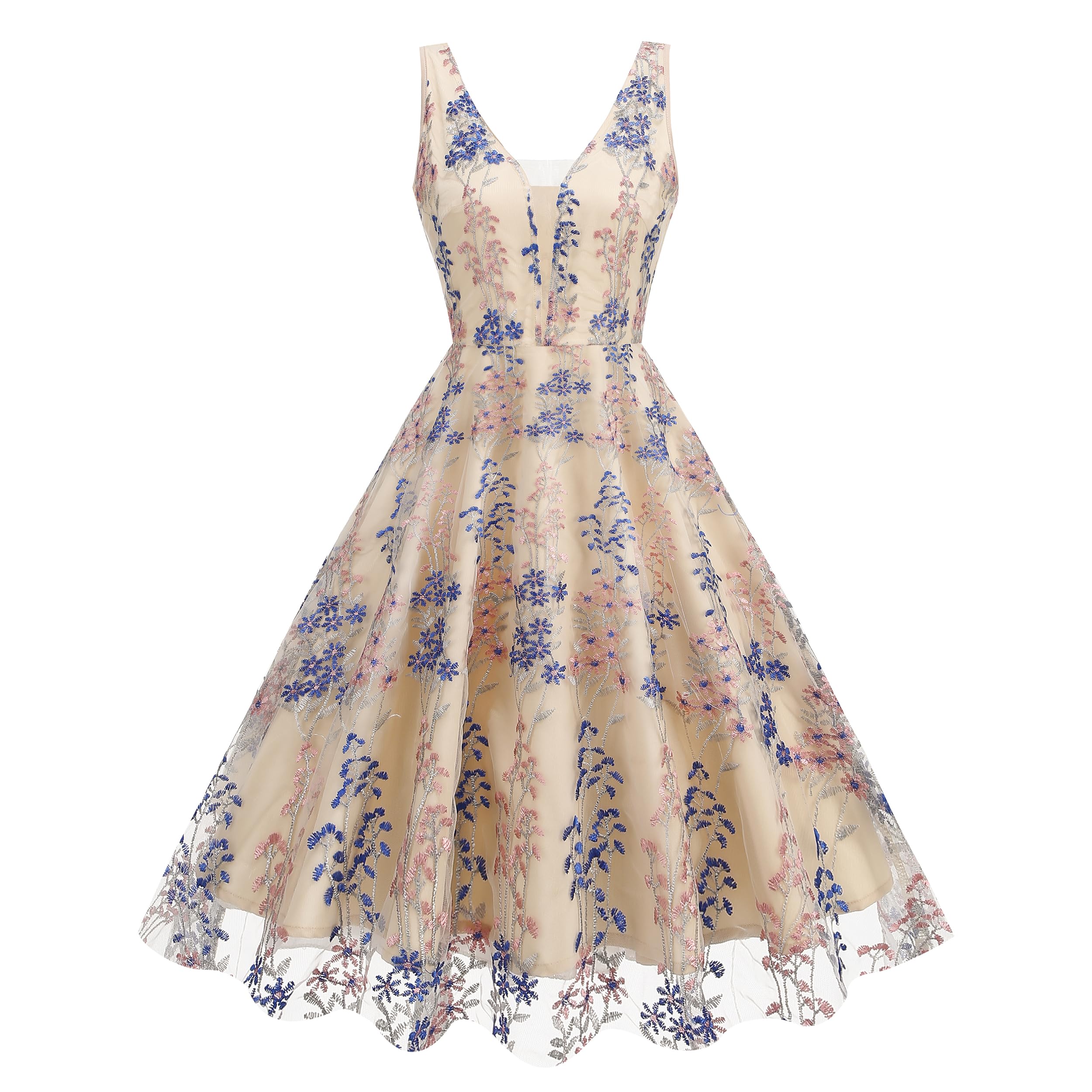Photo 1 of ***MINOR DAMAGED - SEE NOTES/PICTURES***
Deep V Neck Floral Embroidery Dress for Women Sleeveless Embroidered Flower Short Homecoming Summer A-line Tulle Prom Dress Vintage Cocktail Wedding Guest Party Evening Dresses Apricot+Royal Blue 2XL