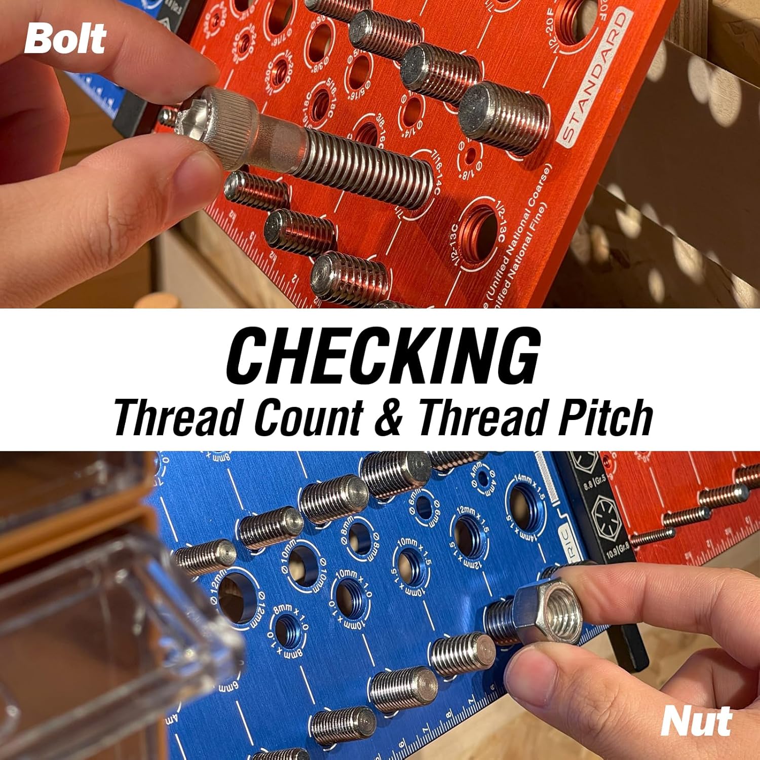 Nut and Bolt Thread Checker Standard & Metric with Portable Base | 28 Nut and Bolt Thread Gauge Screw & Bolt Size Identifier Gauge | Bolt Gauge | Bolt Thread Inspection Station (RedxBlue)