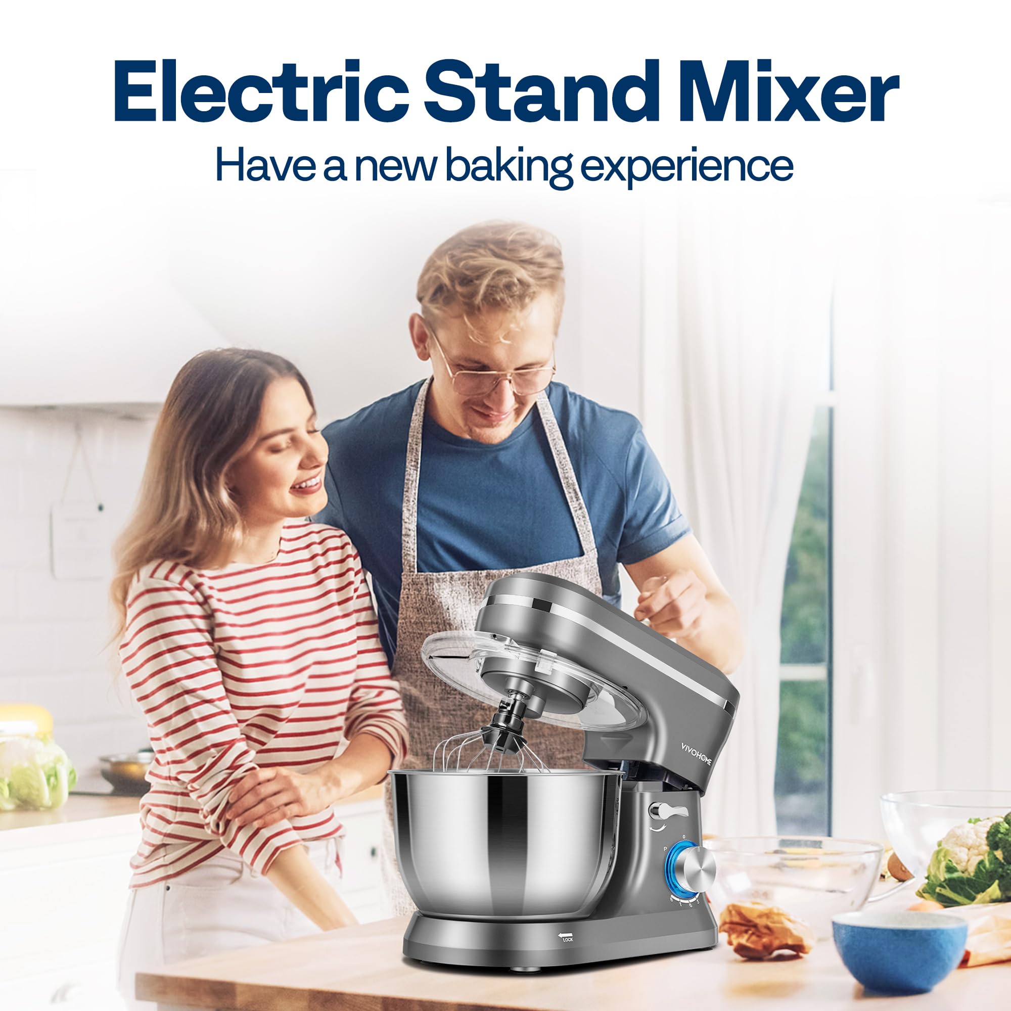VIVOHOME 4.75 Quart Stand Mixer, 8 Speed Kitchen Electric Food Mixer, Household Stand Mixer for Baking, Cake, Bread with Beater, Dough Hook, Wire Whip and Egg Separator, Gray