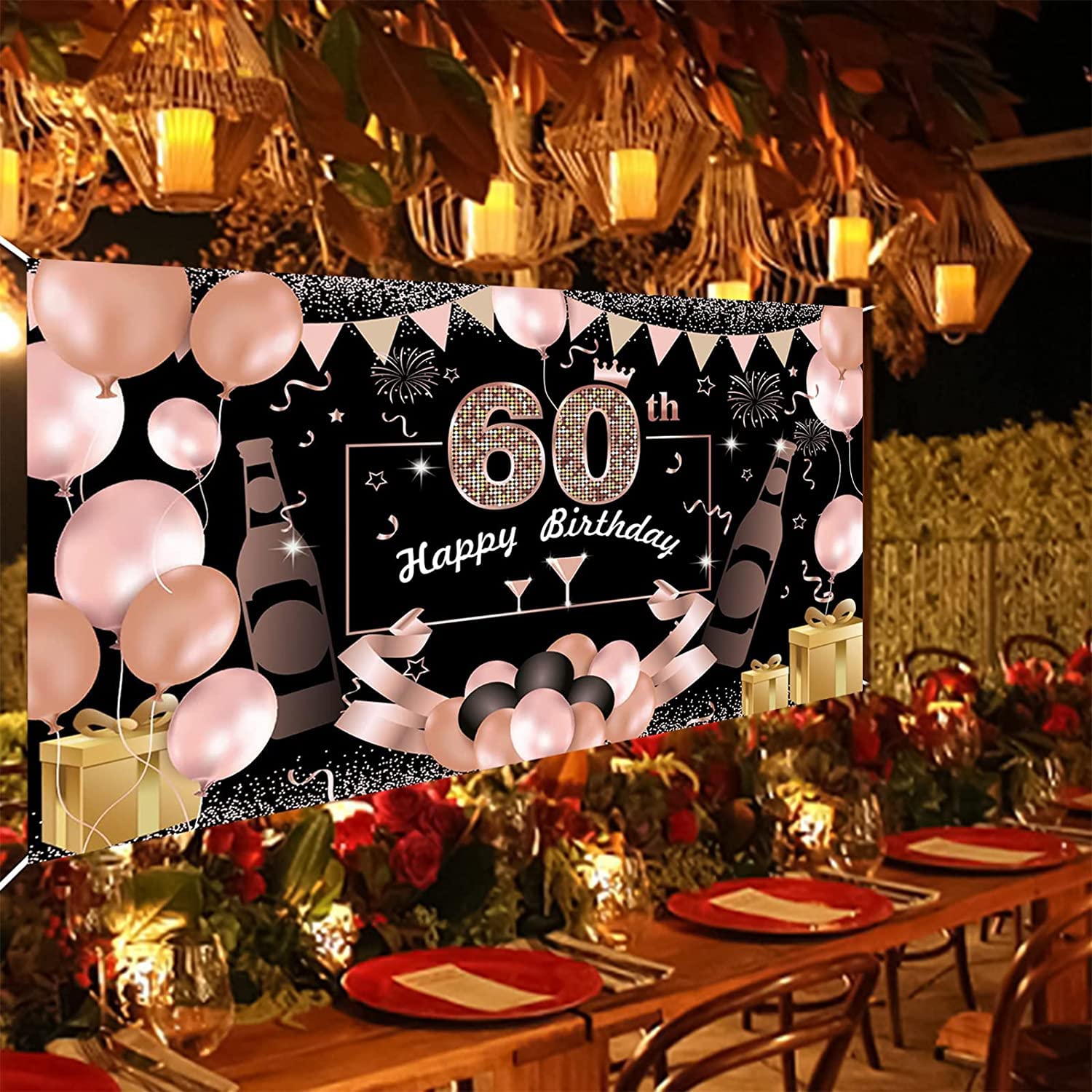 Deco Anniversaire 60 Ans Homme, Or Noir Énorme Happy 60th Birthday Decoration Anniversaire Affiche Toile De Fond Bannière Or Noir Ballons Femme Deco Anniversaire Toile Affiche Fond Photo 190x120cm