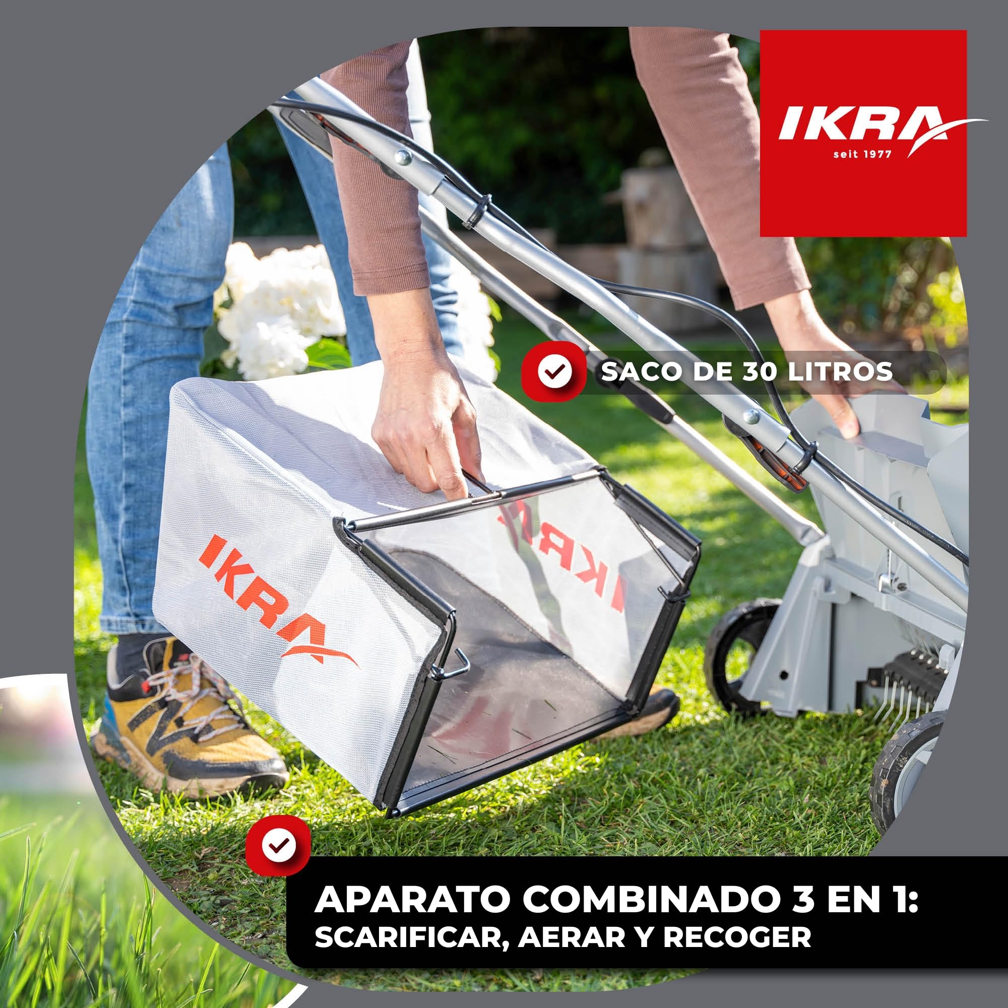 IKRA escarificador y aireador a batería 3 en 1 IAVL 2-2032, ancho 32 cm | Incluye 2 baterías de 20 V y 2 Ah y cargador rápido, cesta de recogida de 30 l, +3 a -9 mm, gama de baterías de 20 V de IKRA