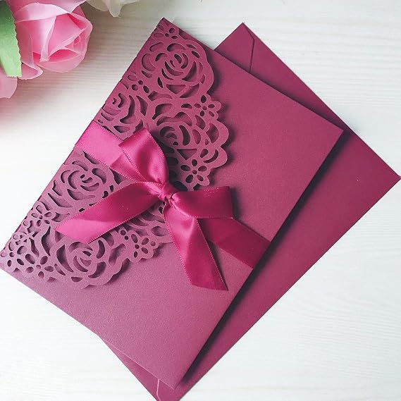 20PCS 5.1'' x 7.1'' Tri-fold Laser Cut Flora Wedding Invitations Cards with Envelopes Ribbons for Wedding Bridal Shower Engagement Birthday Graduation Invite (Burgundy)