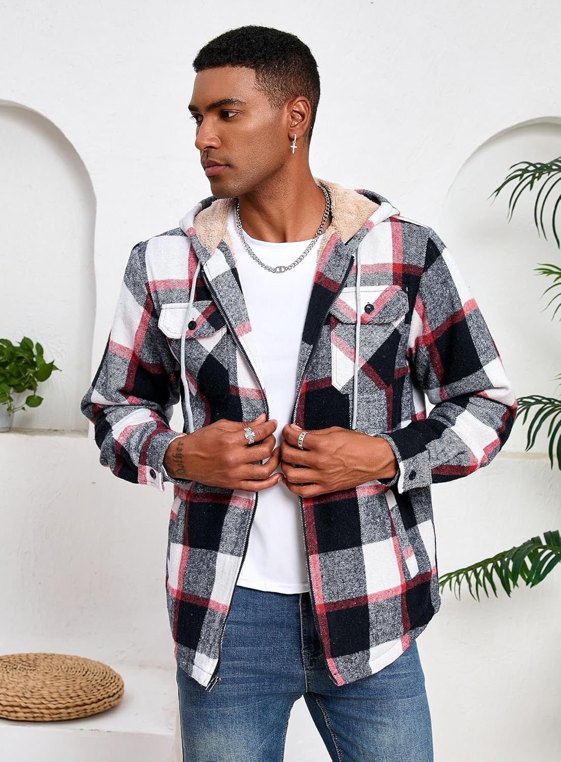Men's Zip Up Flannel Shirt Jacket Fleece Lined Long Sleeve Plaid Coat Heavyweight Hoodie with Hood - Image 2