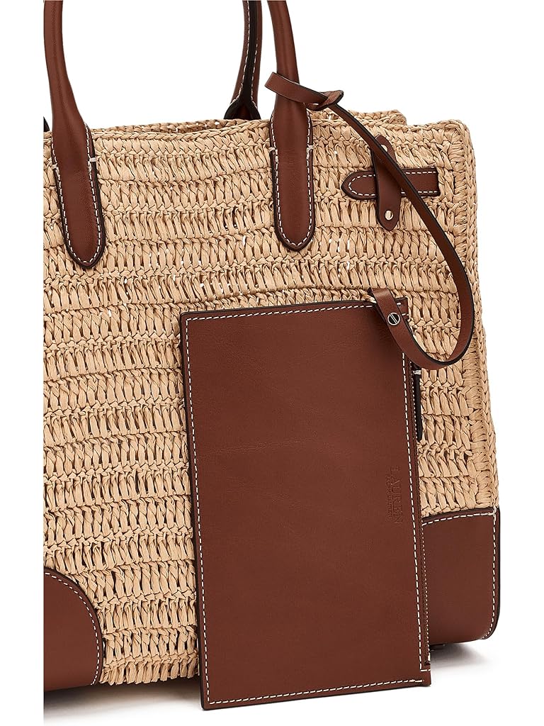 Tan Lauren Ralph Lauren Woven Straw Medium Devyn Tote Bag