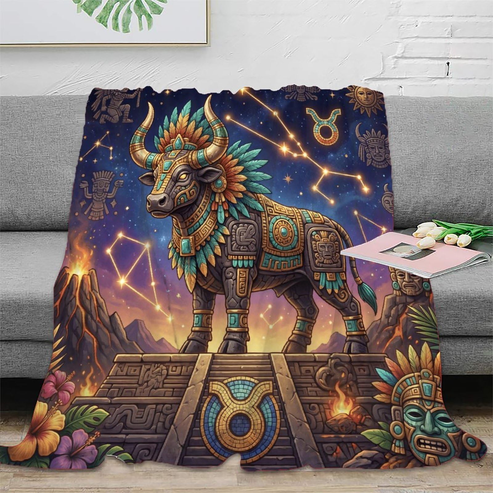 W7C8U2X3 Taurus Zodiac Aztec Art for Flannel Throw Blanket, Office Nap Use