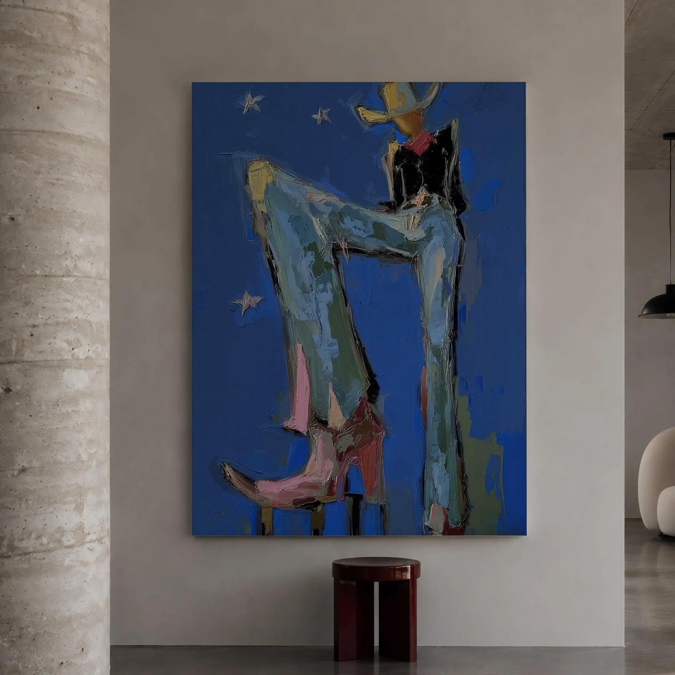 Lienzo figurativo de vaquero azul para transformar las paredes de tu salon moderno 50x70