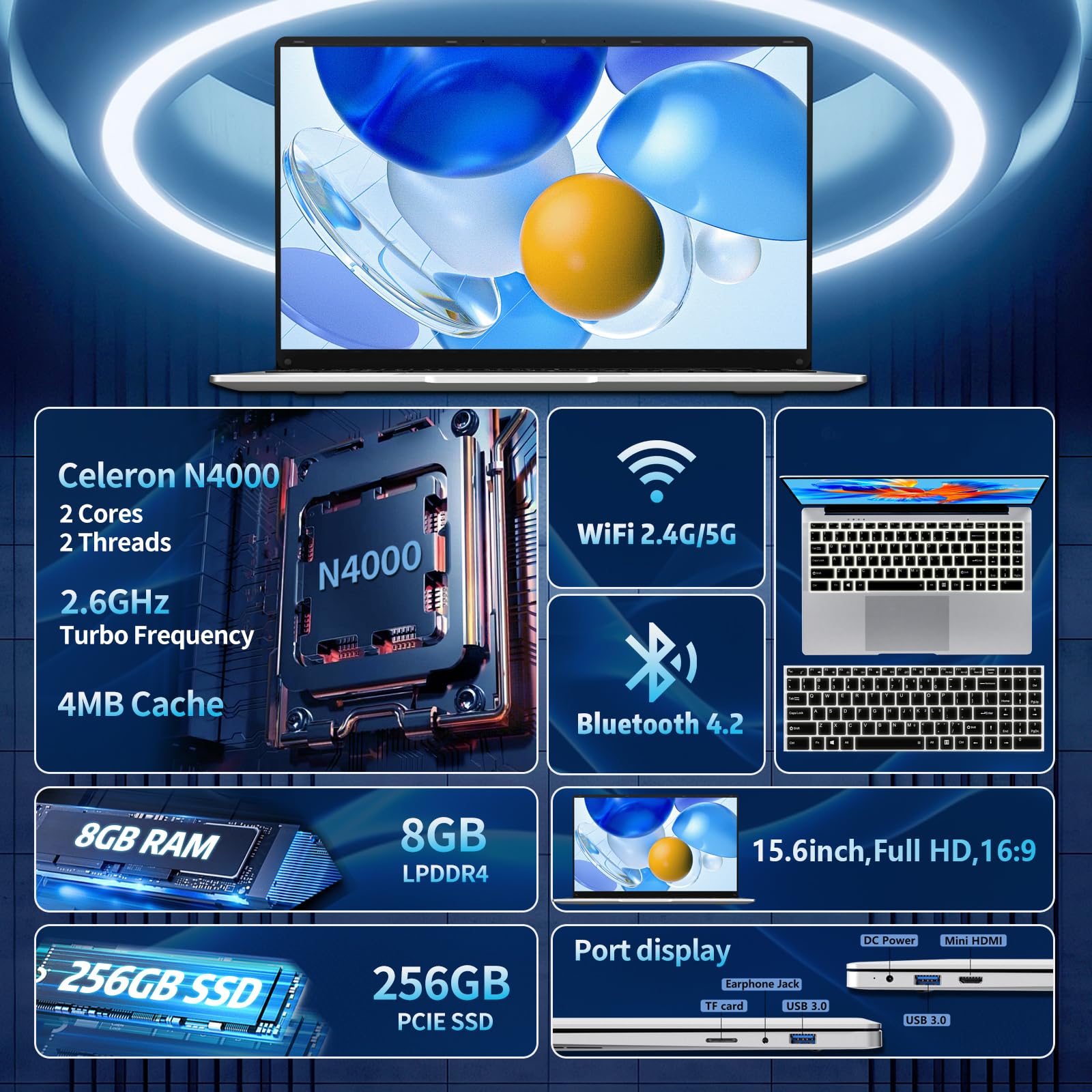 15.6 inch Laptops, Gaming Laptop with 8GB RAM 256GB SSD, Laptop Gamer, Traditional Laptops N4000, Netbook Computers Full HD 1920X1080 Display WiFi5 Mini-HDMI 180 Angle Opening for Student Business