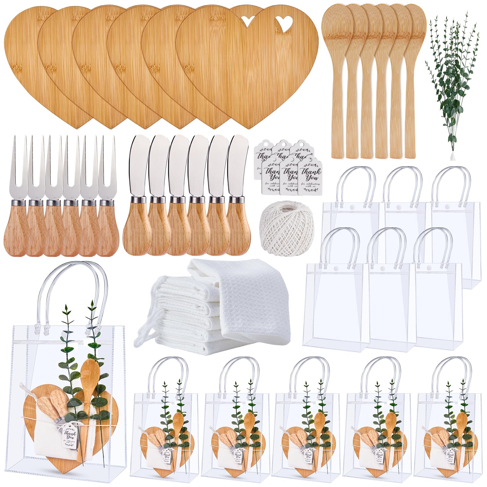 55Pcs Baby Shower Prizes for Game Winners 6 Sets Charcuterie Board with Spoons Butter Spreaders Forks Plaid Towel Thanks Card and Gift Bags for Bridal
