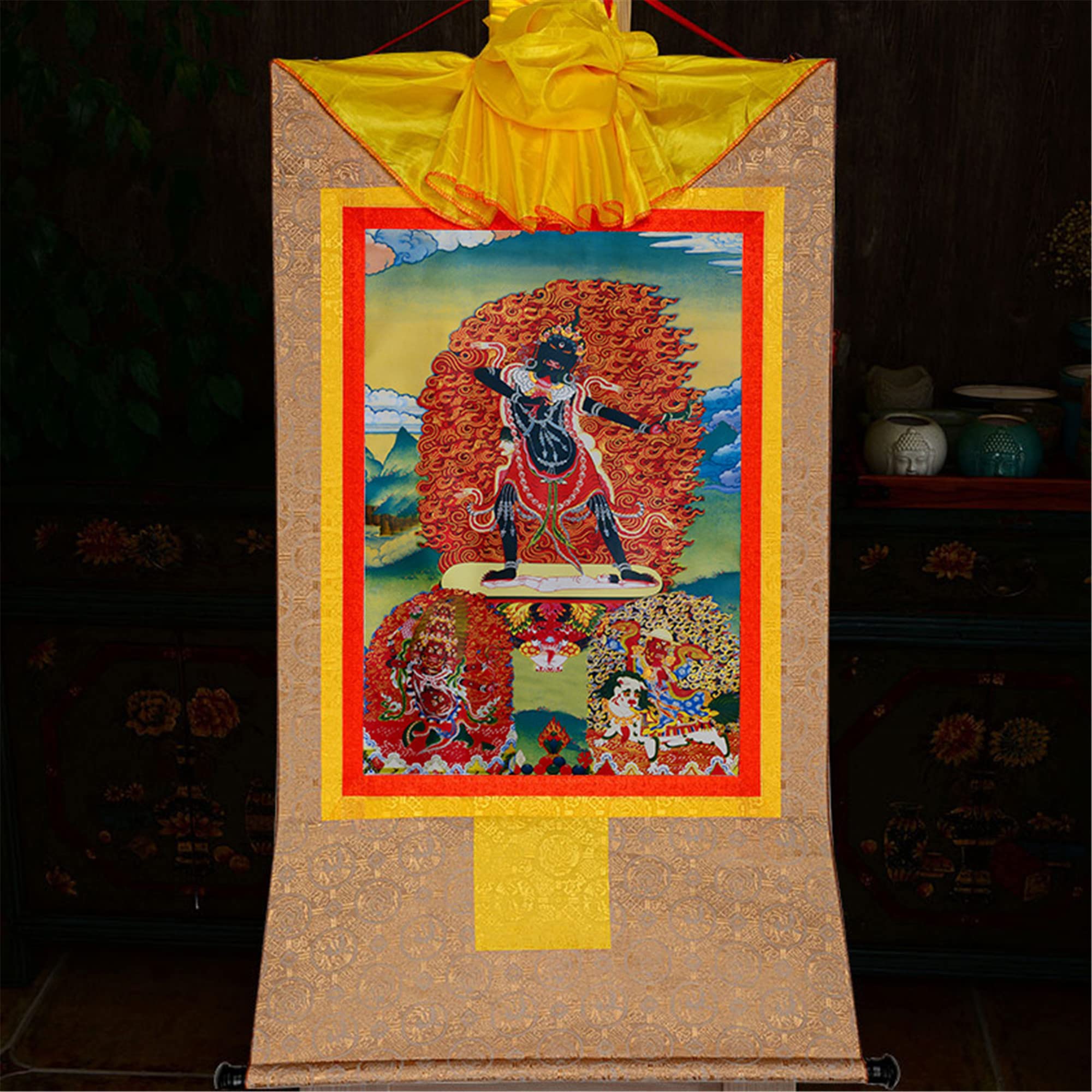 Gandhanra Thangka Tibetische Wandbehang,Drei Dharmapalas der Gelugpa,Palden Lhamo,Mahakala und Yamantaka,Heißgeprägter Buddha Wandteppich für Zen Wohnkultur, Meditation, Spirituelle Entspannung