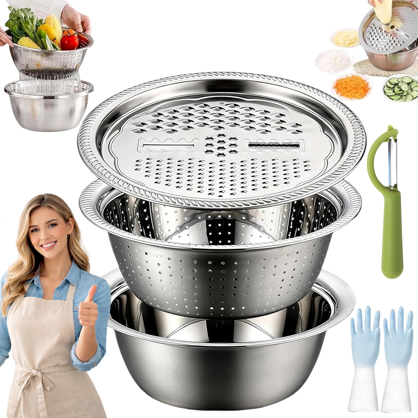 2026 New Germany Multifunctional Stainless Steel Basin, 3 in 1 Stainless Steel Basin and Grater Set, Colander Basin Mixing Bowl Set, Food Graters for Fruit Vegetable, For Draining Pasta Noodles (28CM)